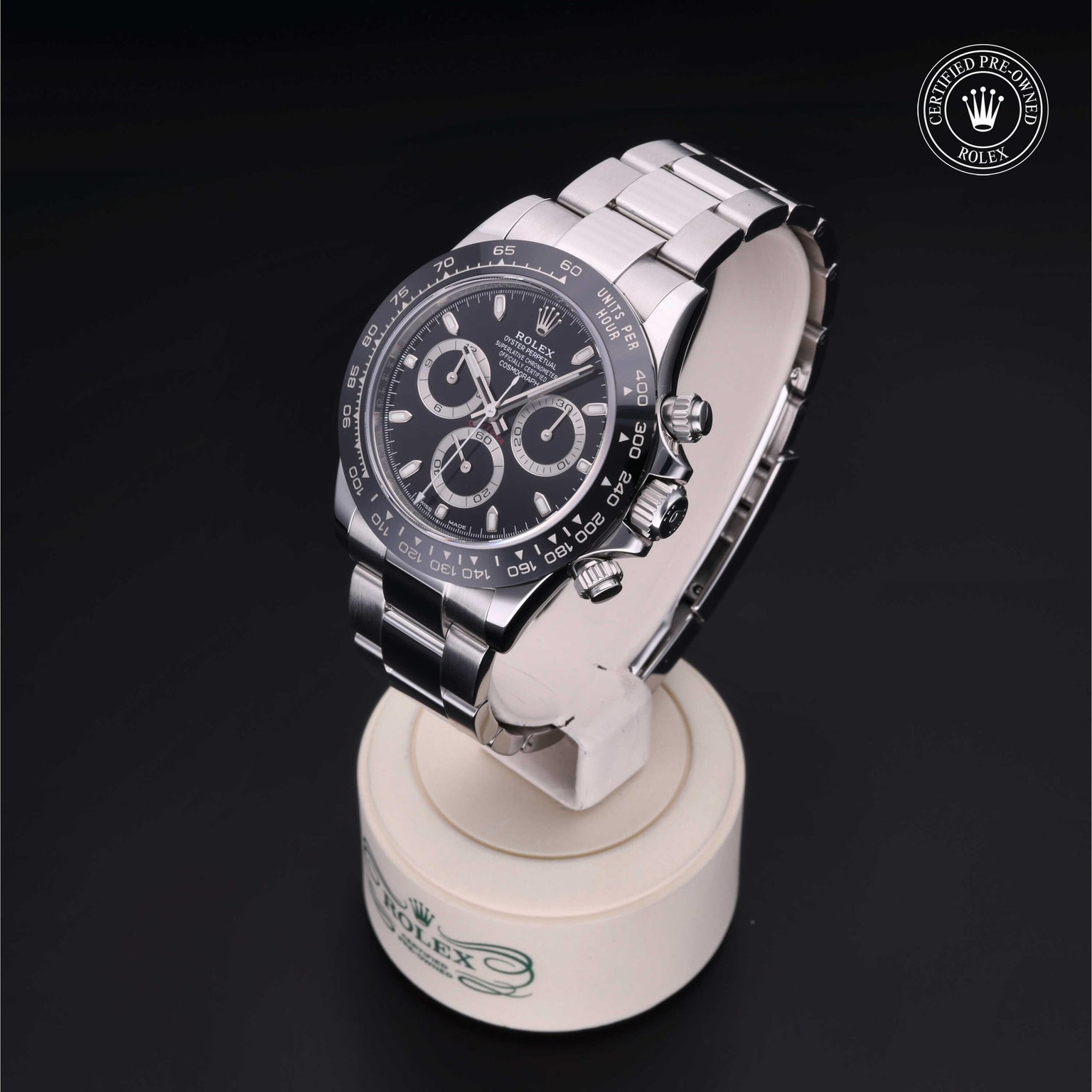 Rolex CPO Daytona M116500LN front on white background