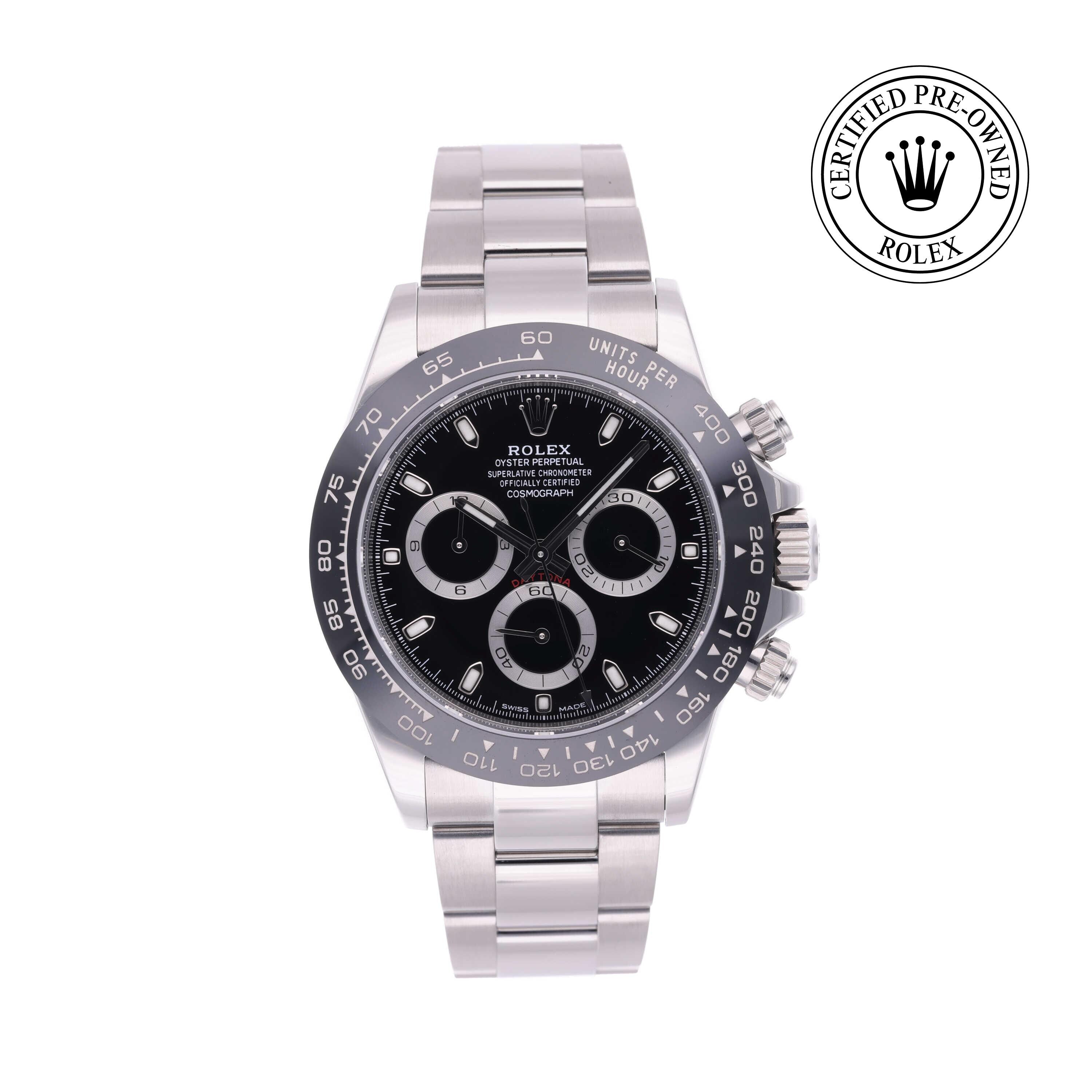 Rolex CPO Daytona M116500LN front on white background