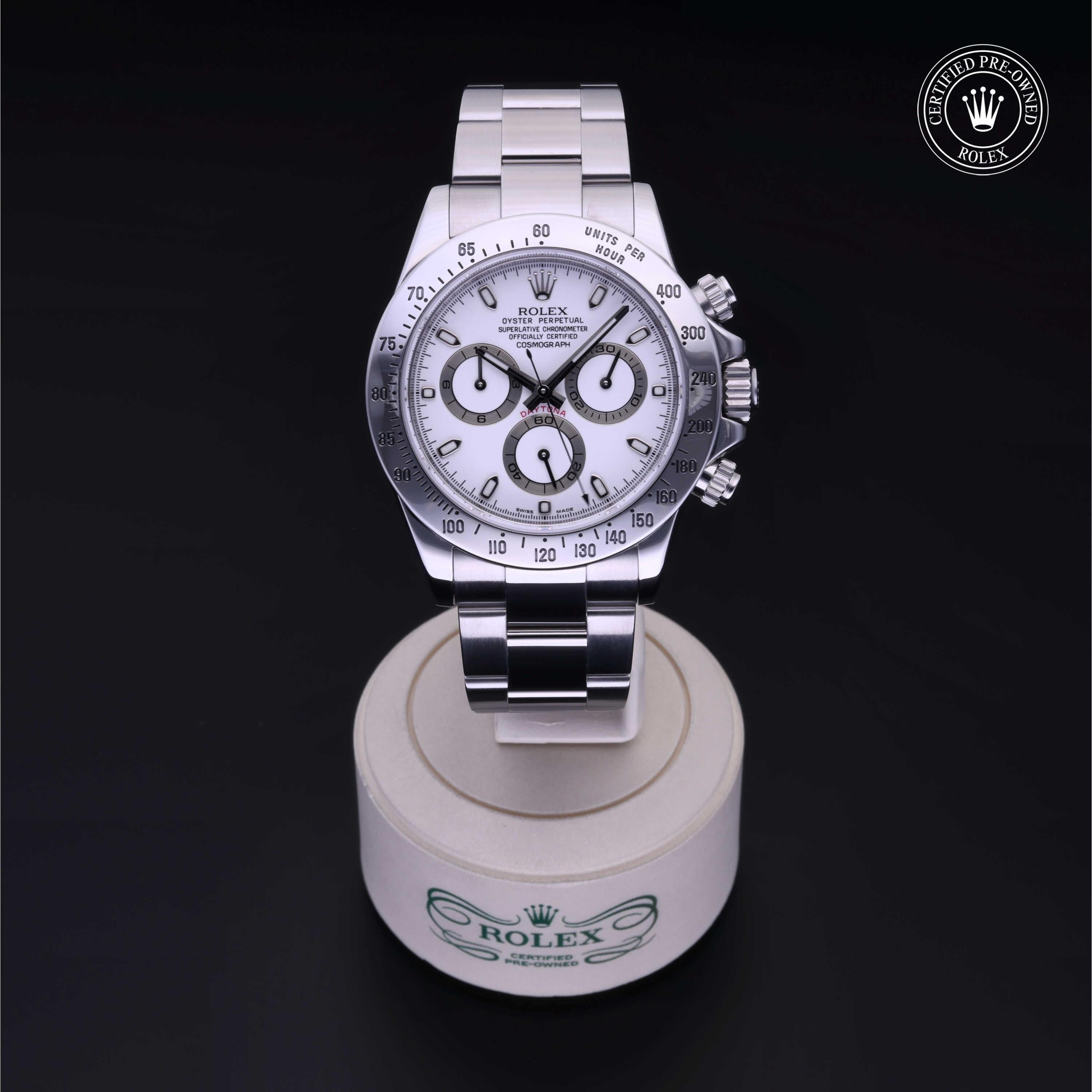 Rolex Certified Pre-owned Daytona M116520-0016 front on black background