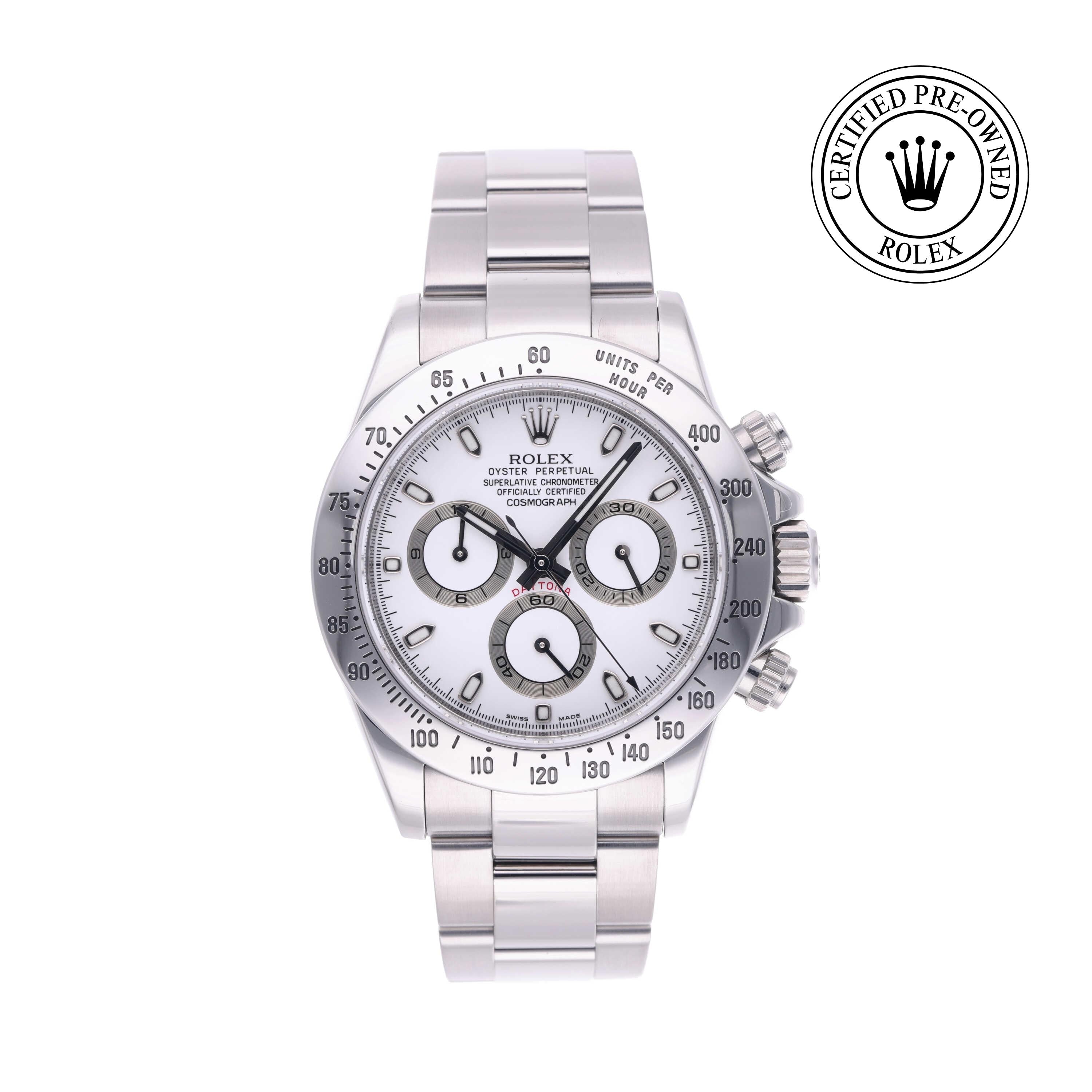 Rolex Certified Pre-owned Daytona M116520-0016 front on white background