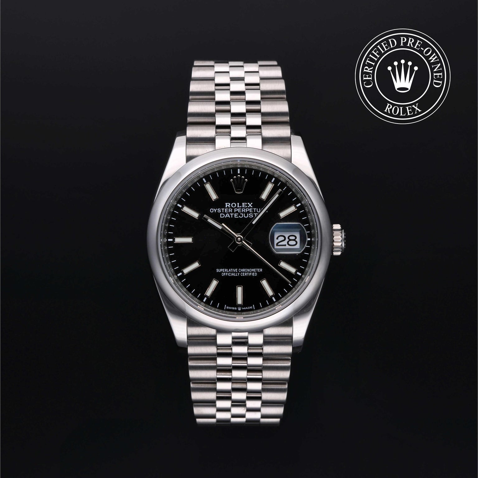 Rolex Certified Pre-owned Datejust M126200-0003 front on black background