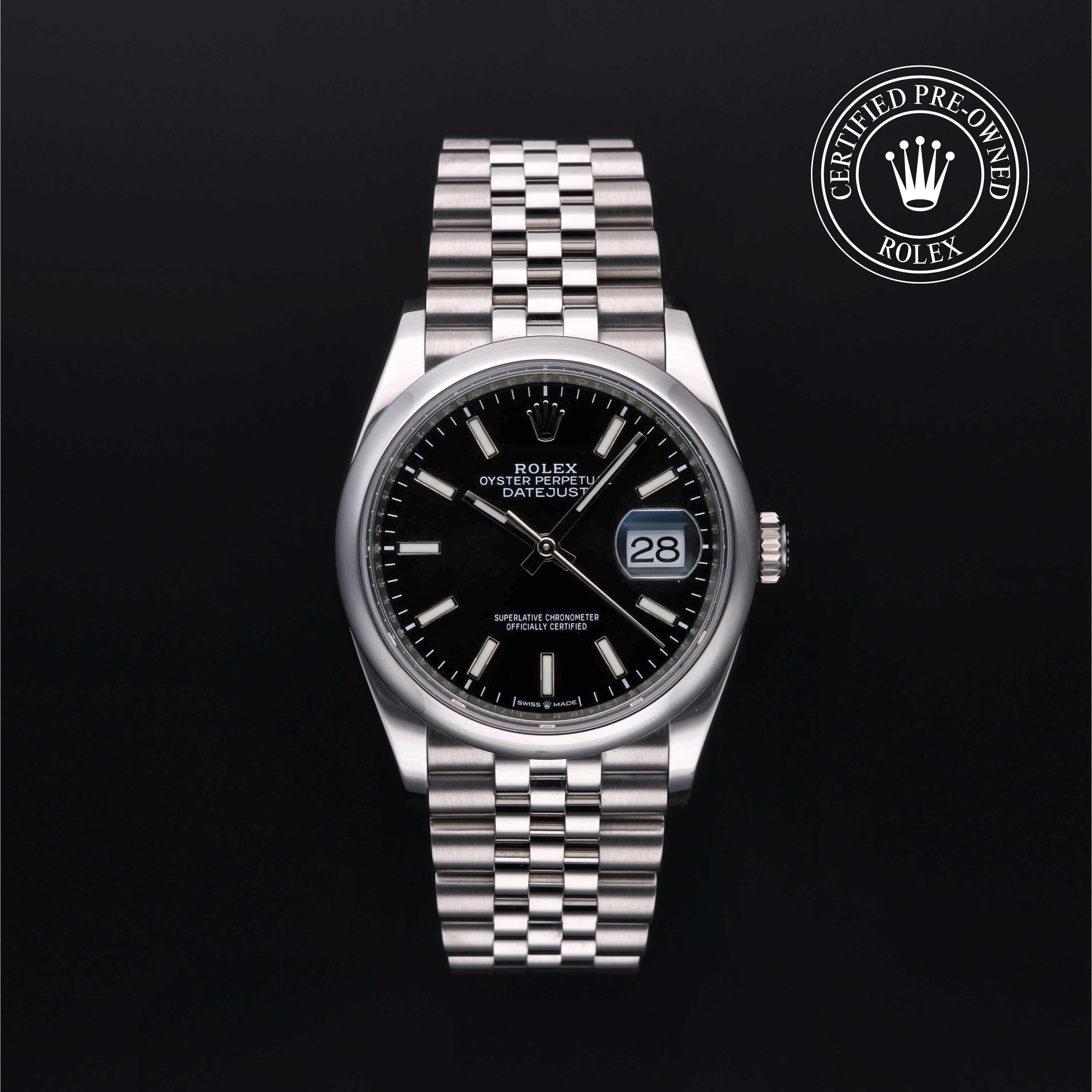 Rolex Certified Pre-owned Datejust M126200-0003 front on black background