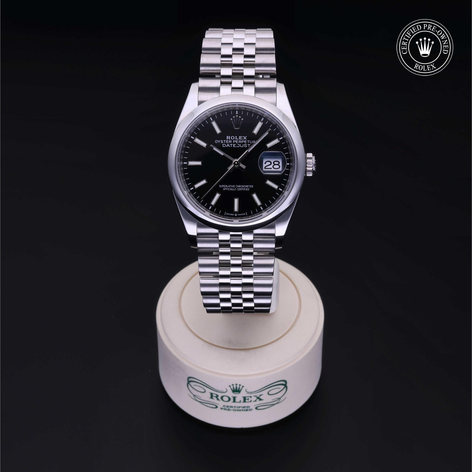 Rolex Certified Pre-owned Datejust M126200-0003 front on black background