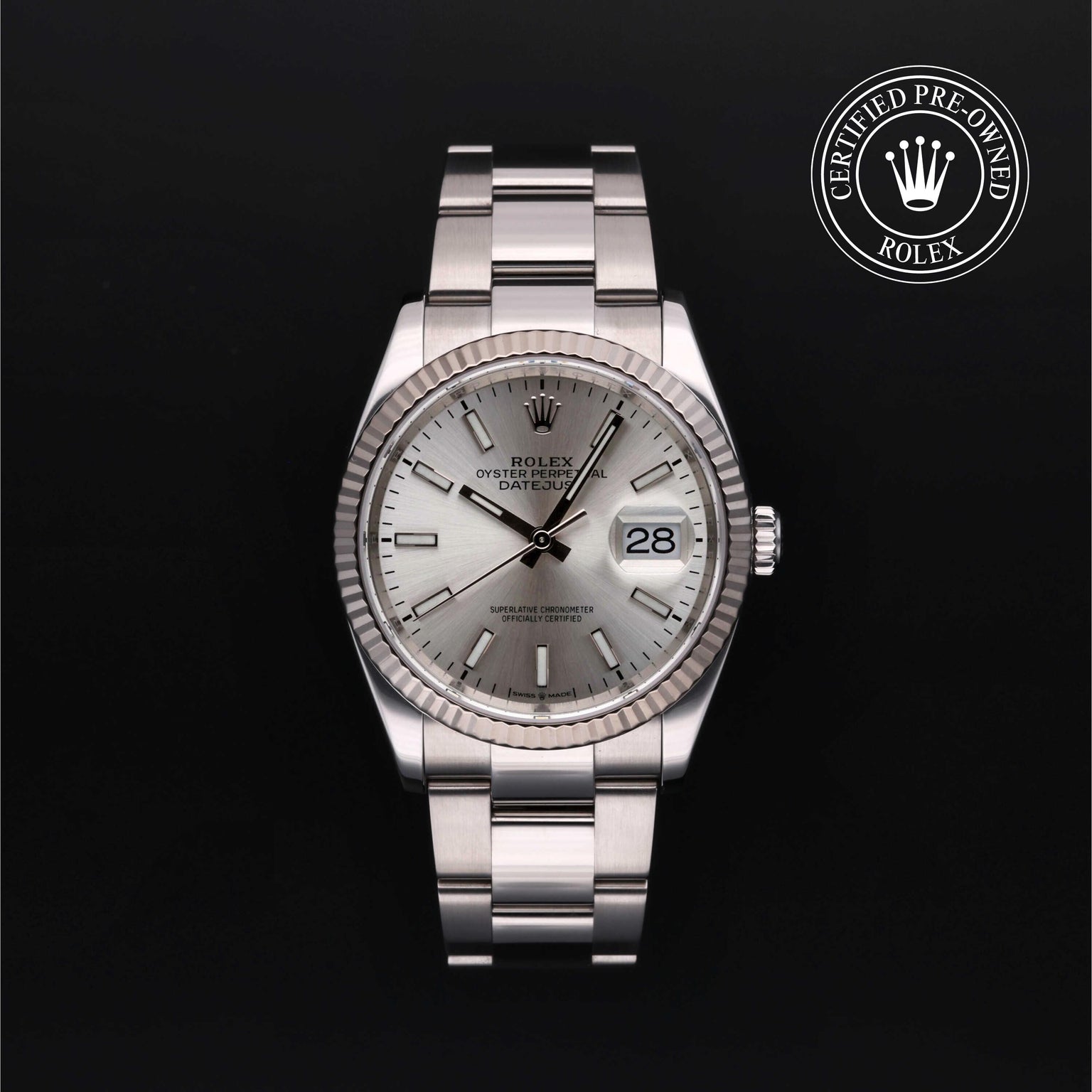 Rolex Certified Pre-owned Datejust M126234-0014 front on black background