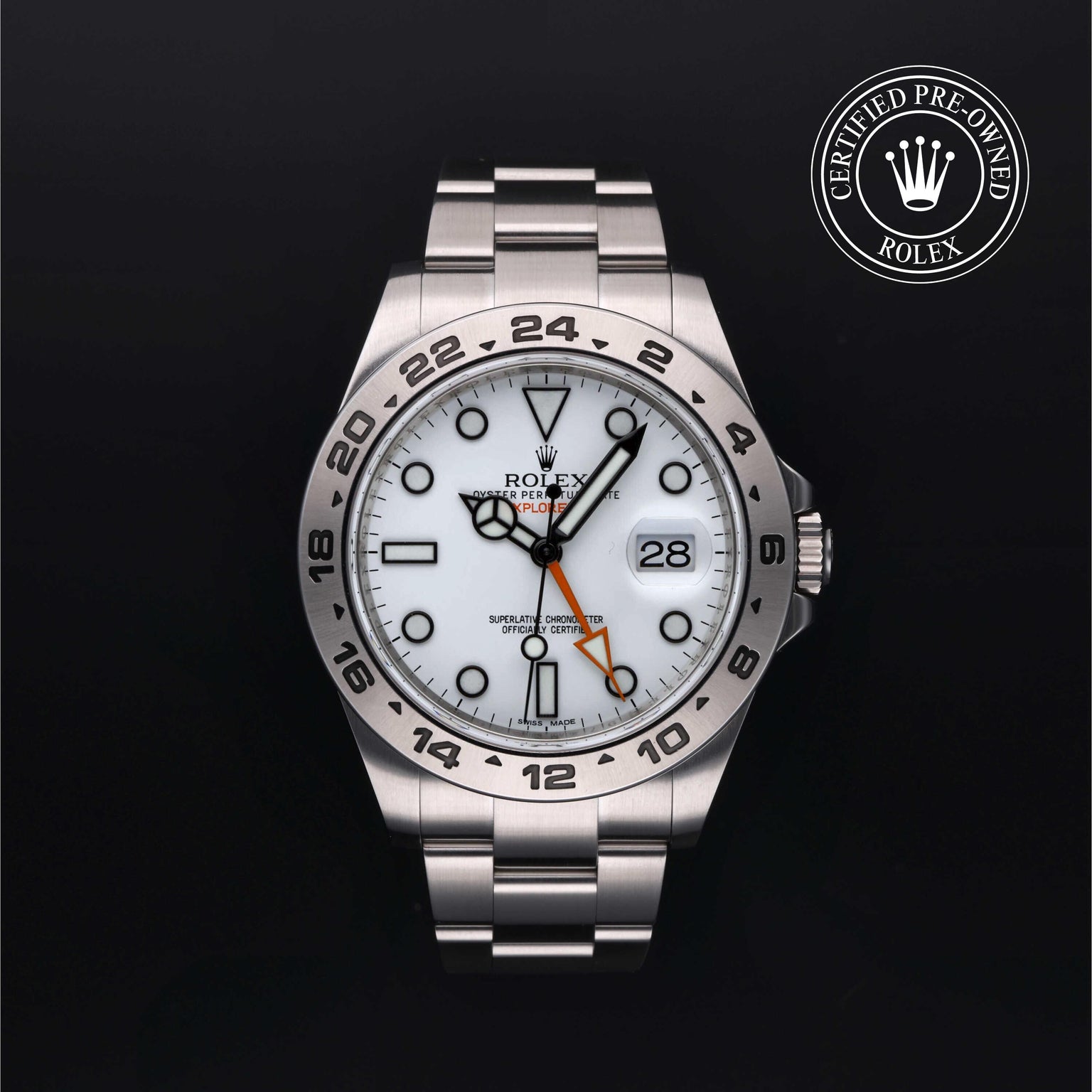 Rolex Certified Pre-owned Explorer M216570-0001 front on black background