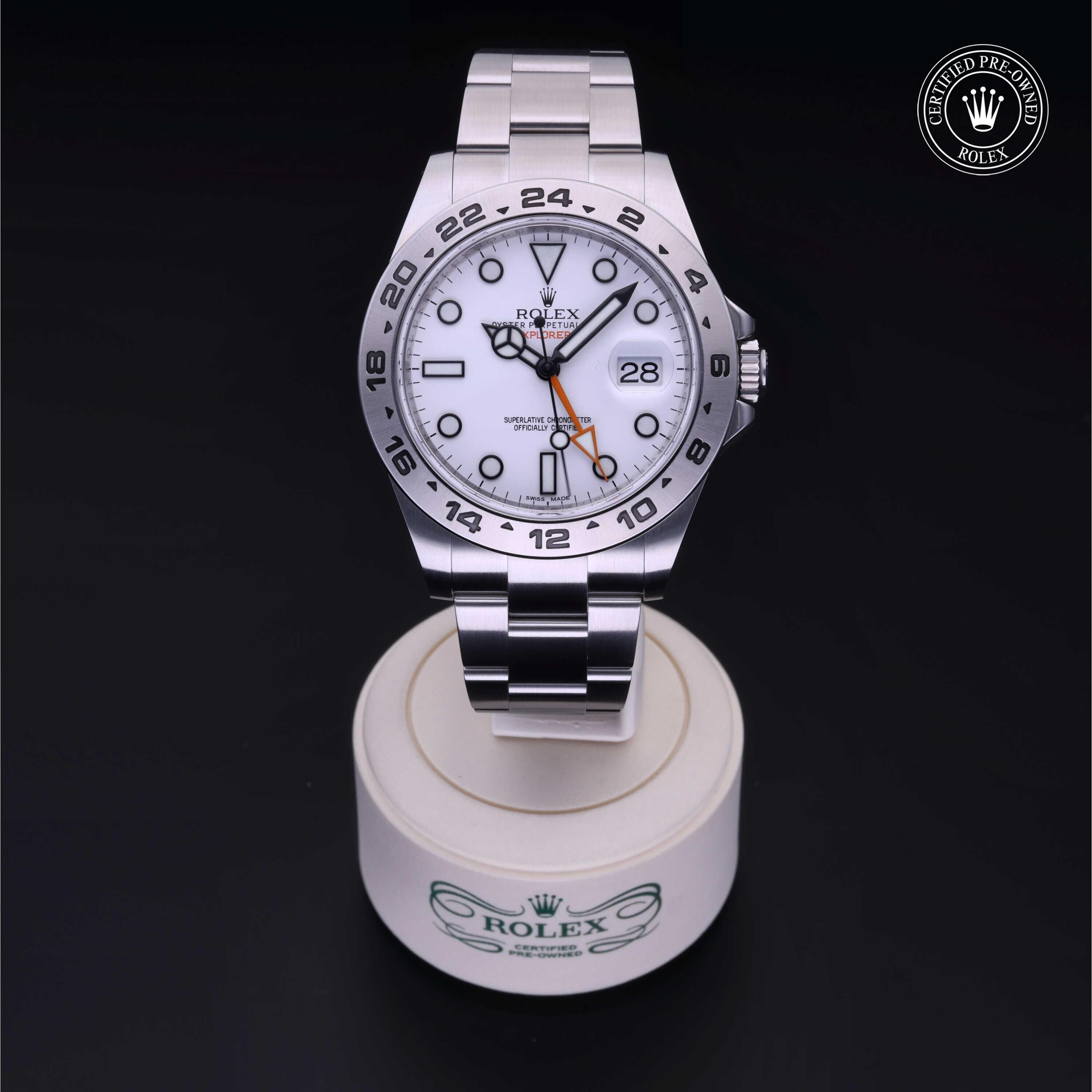 Rolex Certified Pre-owned Explorer M216570-0001 front on black background