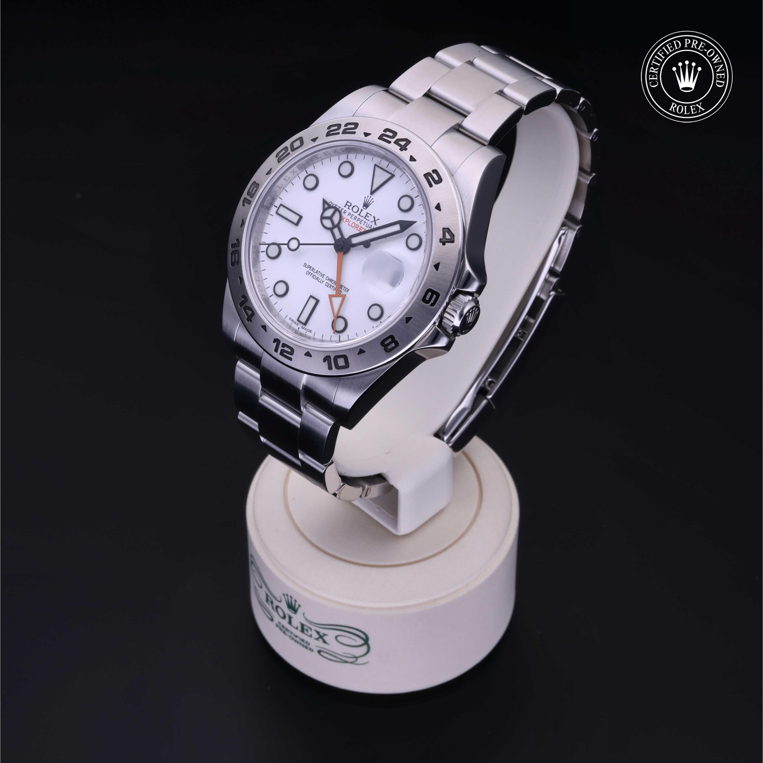 Rolex Certified Pre-owned Explorer M216570-0001 front on black background