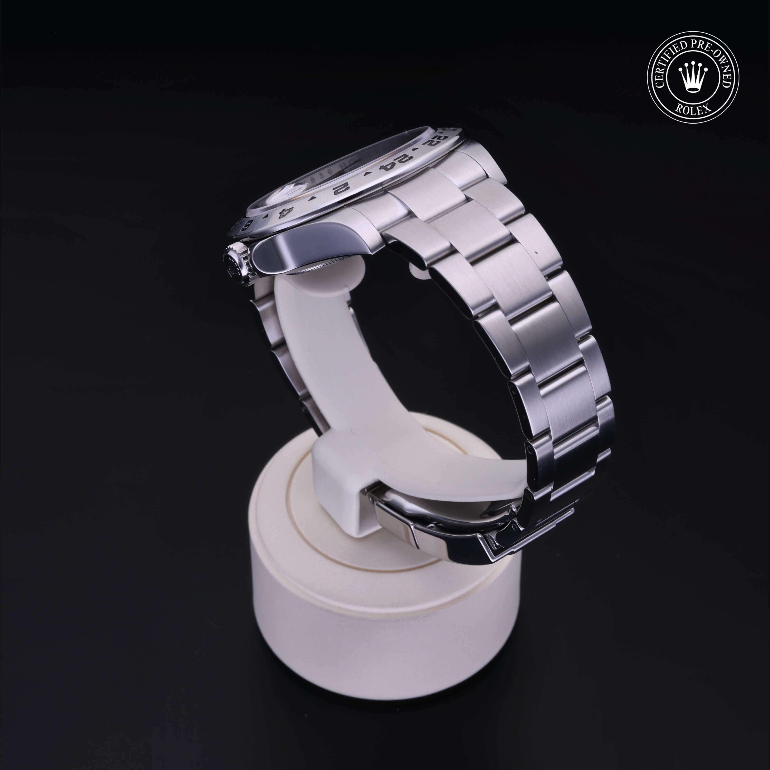 Rolex Certified Pre-owned Explorer M216570-0001 front on black background