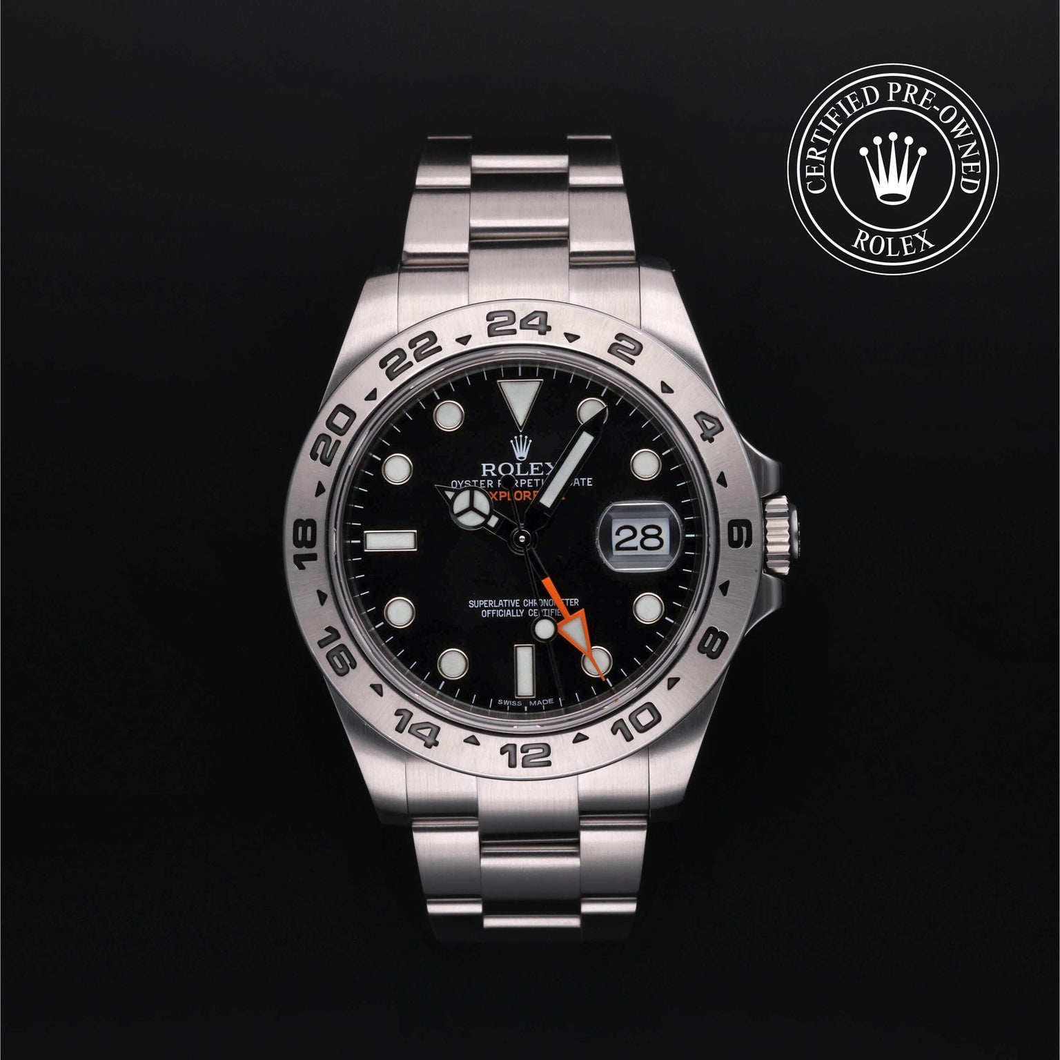 Rolex Certified Pre-owned Explorer M216570-0002 front on black background