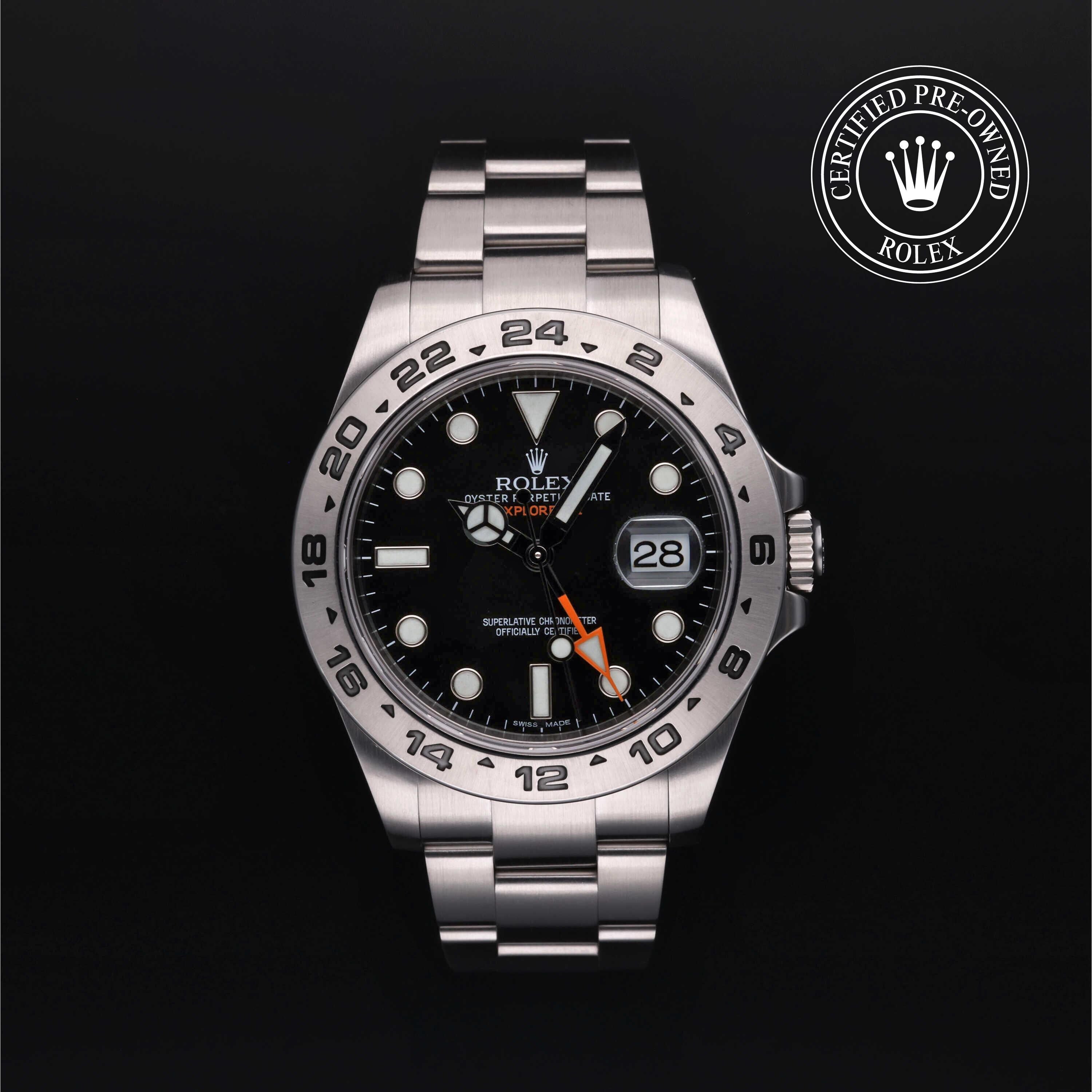 Rolex Certified Pre-owned Explorer M216570-0002 front on black background
