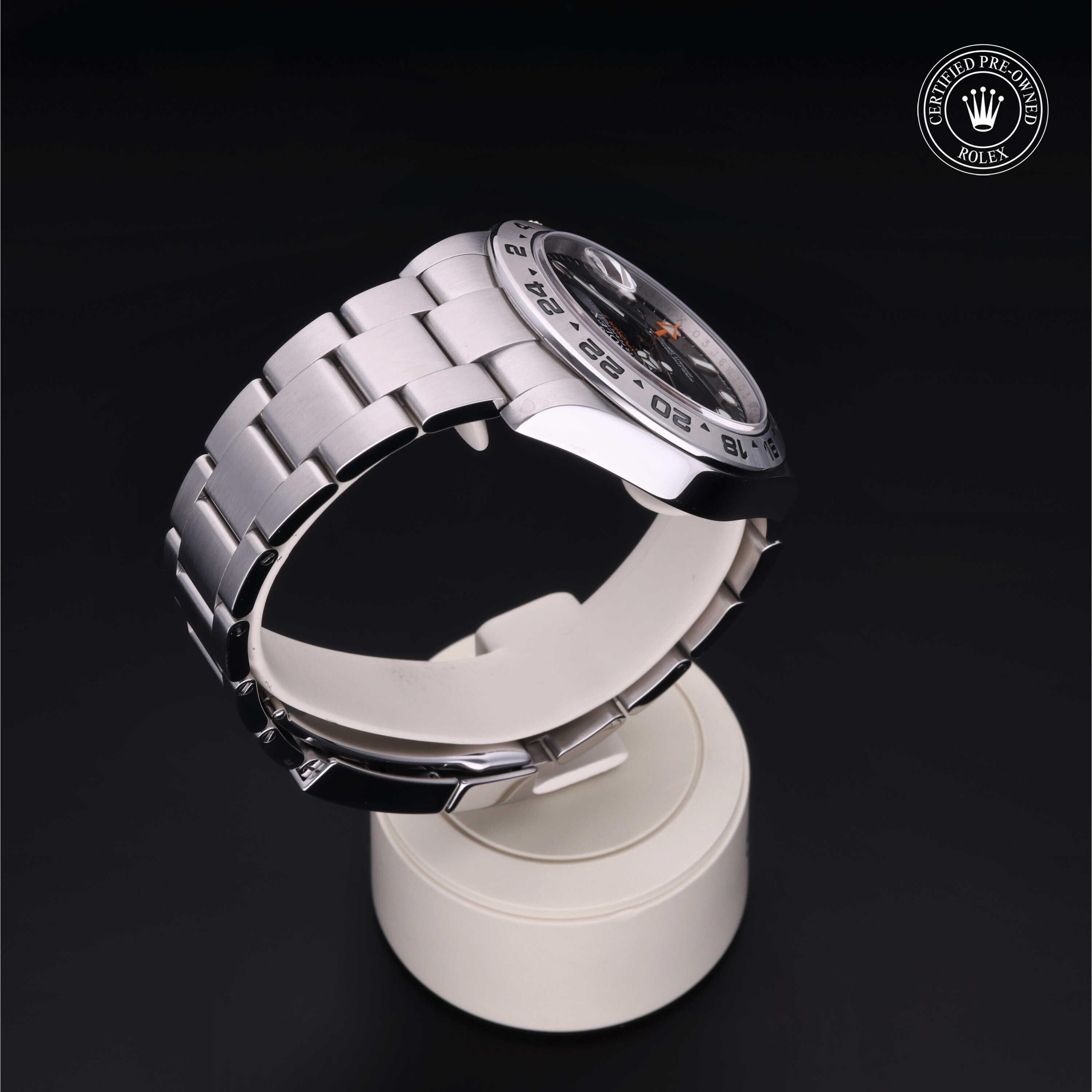 Rolex Certified Pre-owned Explorer M216570-0002 front on black background