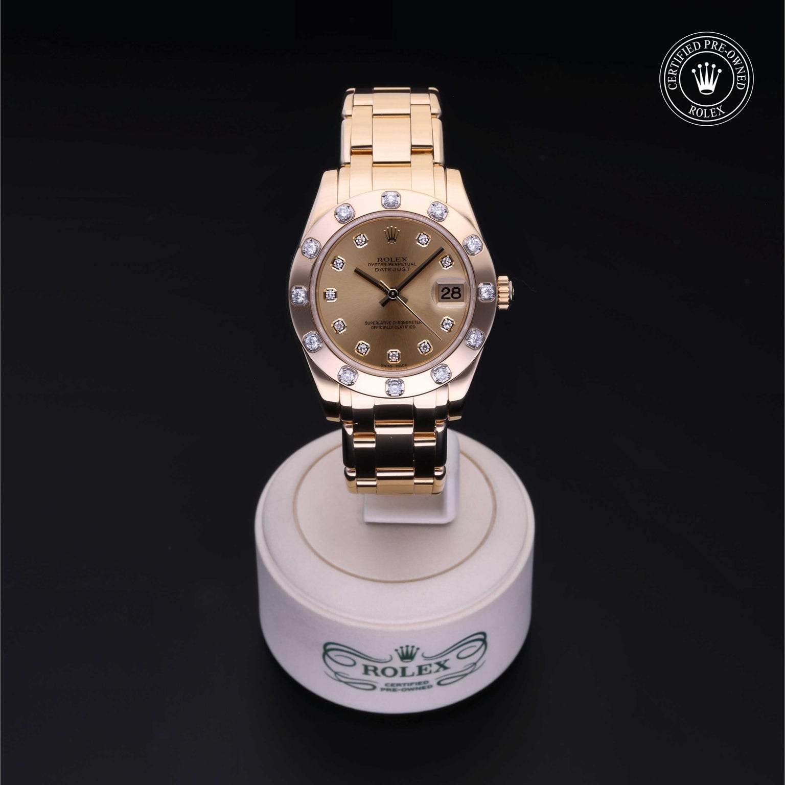 Rolex Certified Pre-owned Pearlmaster M81318-0007 front on black background