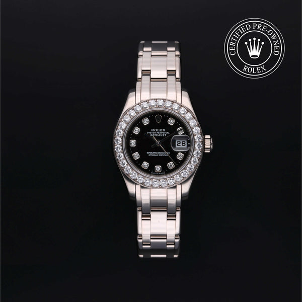 Rolex CPO Pearlmaster M80299 front on white background