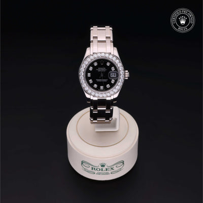Rolex CPO Pearlmaster M80299 front on white background