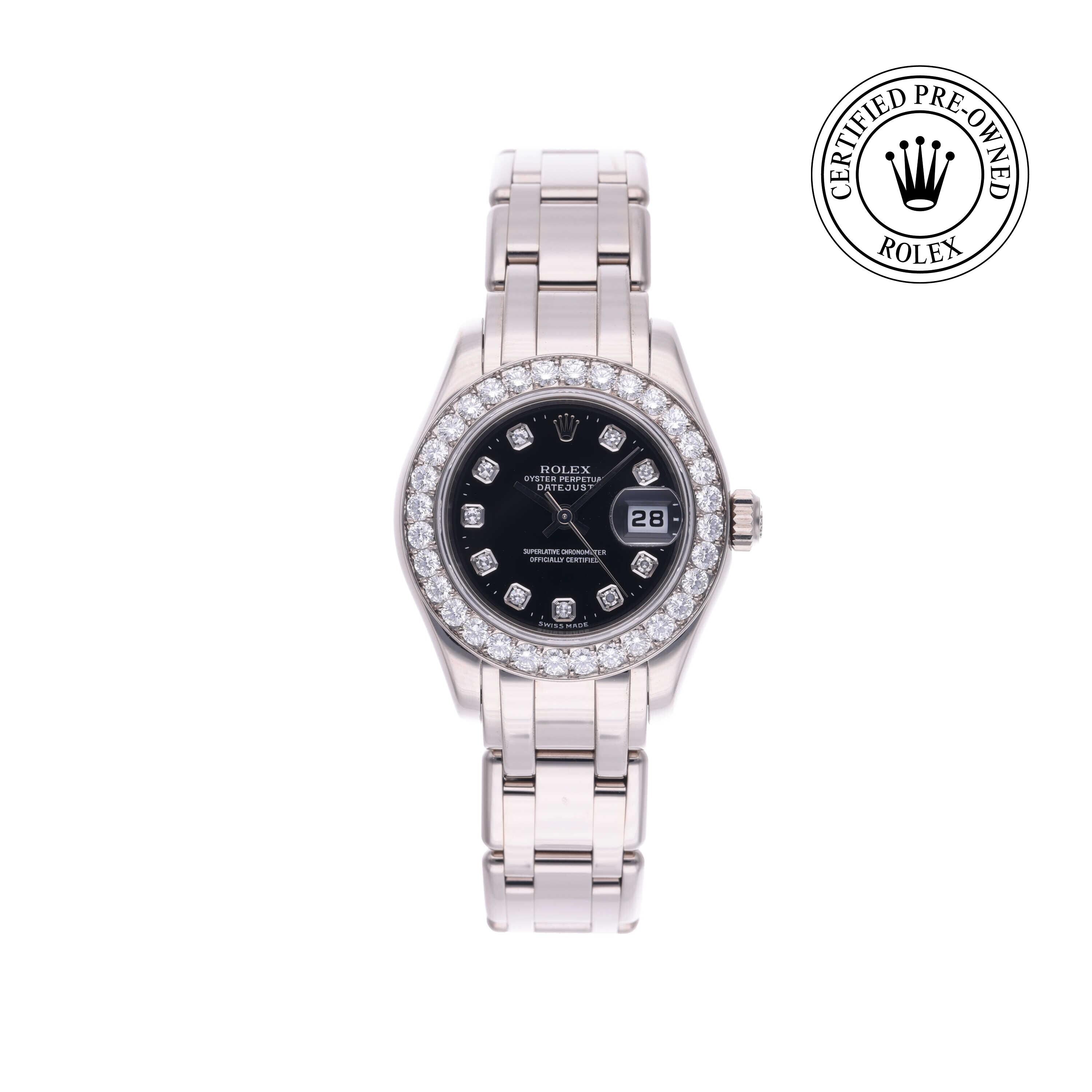Rolex CPO Pearlmaster M80299 front on white background