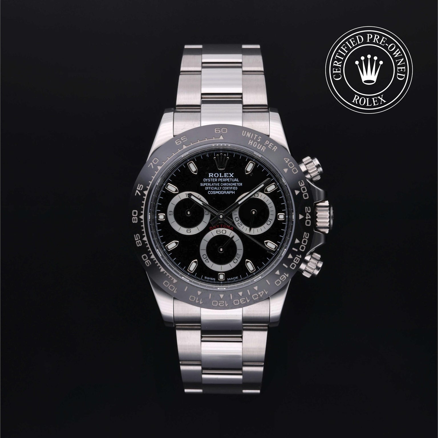 Rolex Certified Pre-owned Daytona M116500LN-0002 front on black background