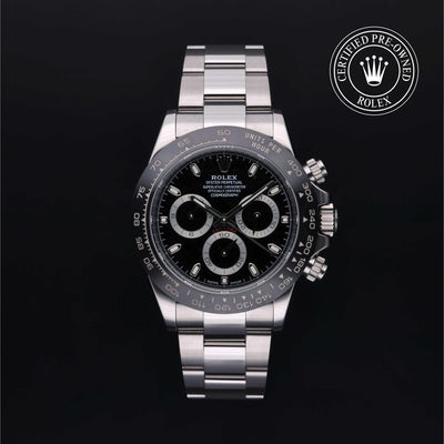 Rolex Certified Pre-owned Daytona M116500LN-0002 front on black background