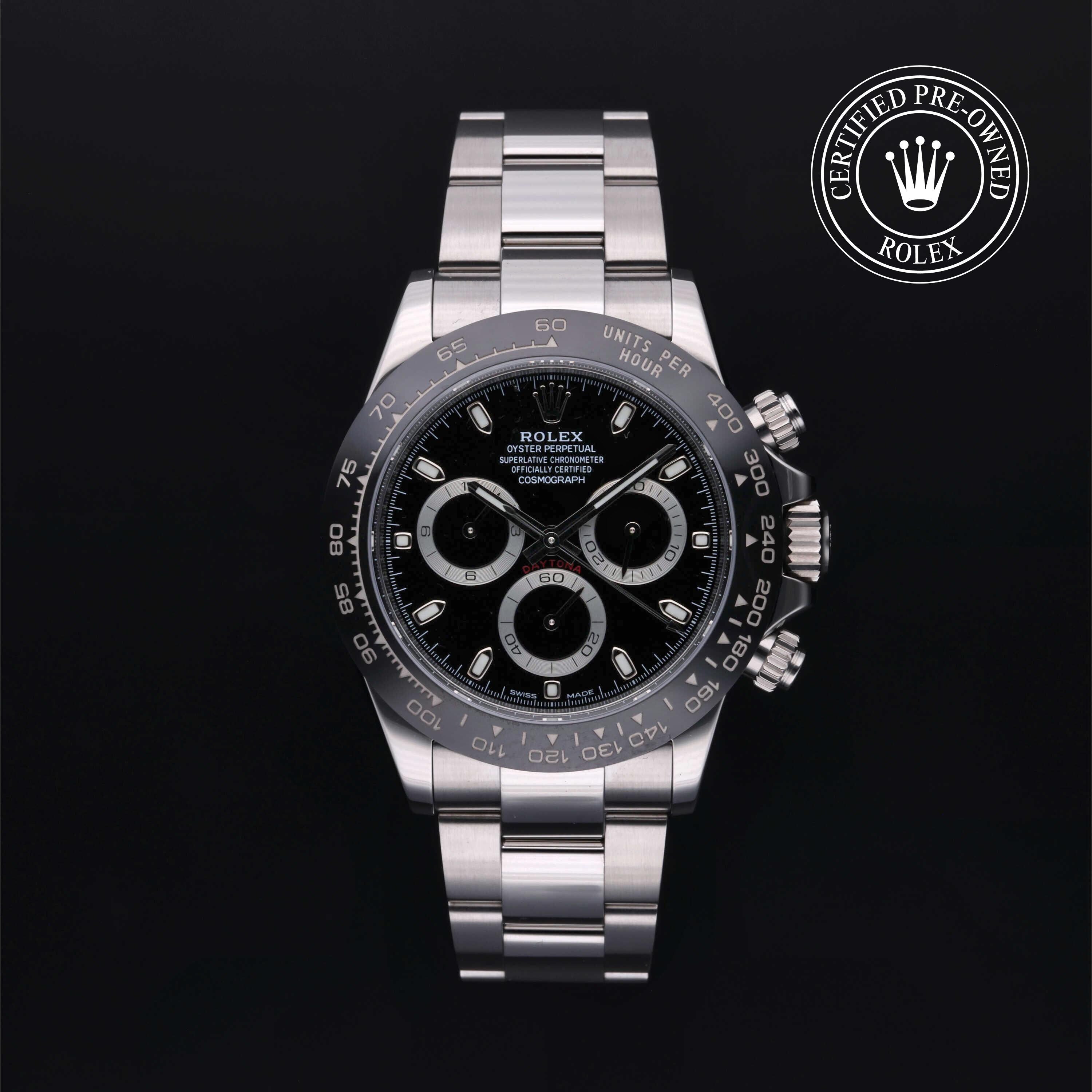 Rolex Certified Pre-owned Daytona M116500LN-0002 front on black background
