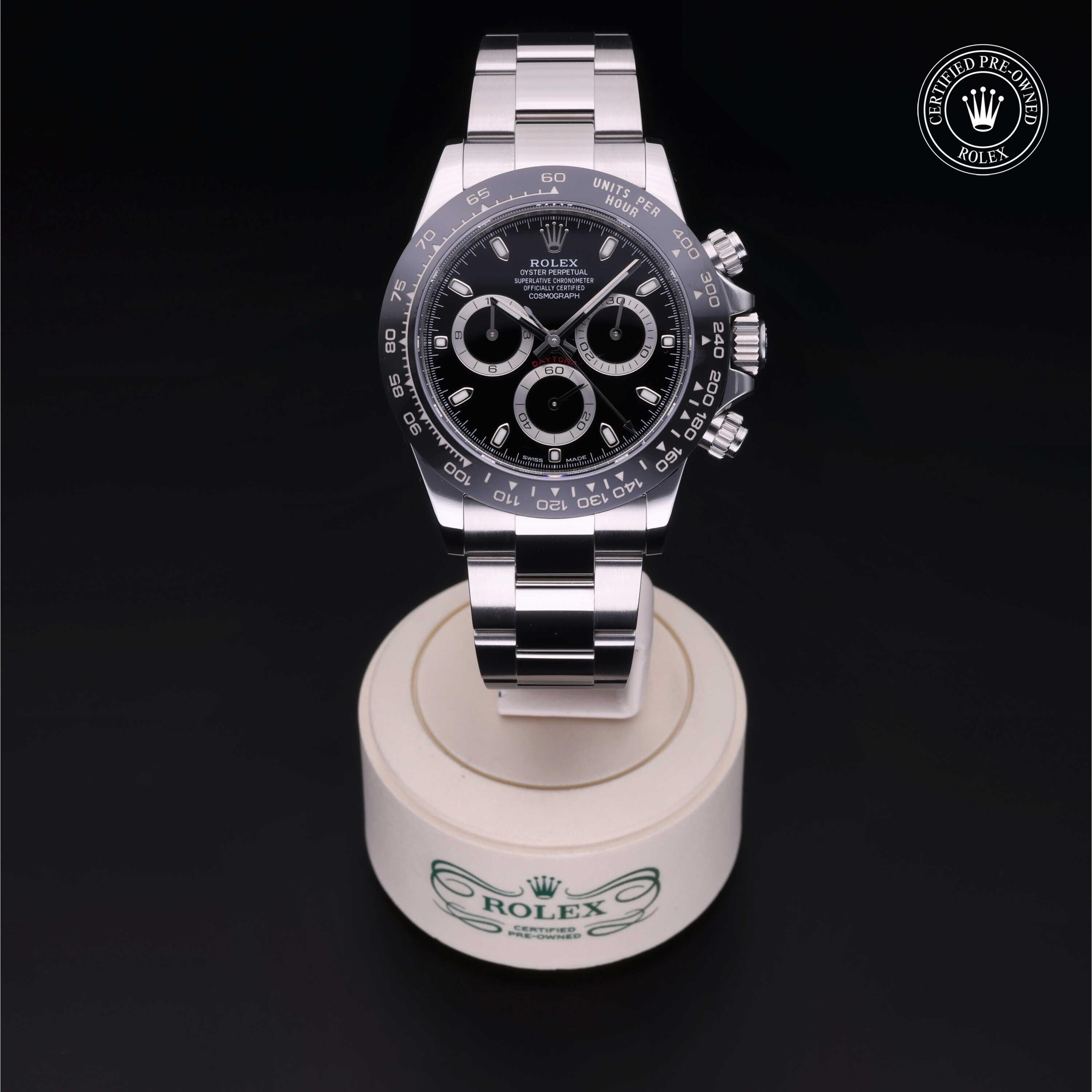 Rolex Certified Pre-owned Daytona M116500LN-0002 front on black background