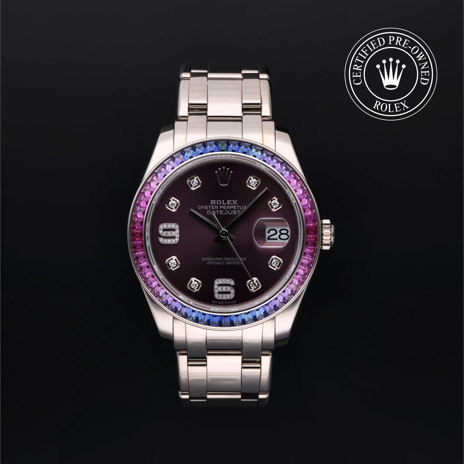 Rolex CPO Pearlmaster M86349SAFUBL front on white background