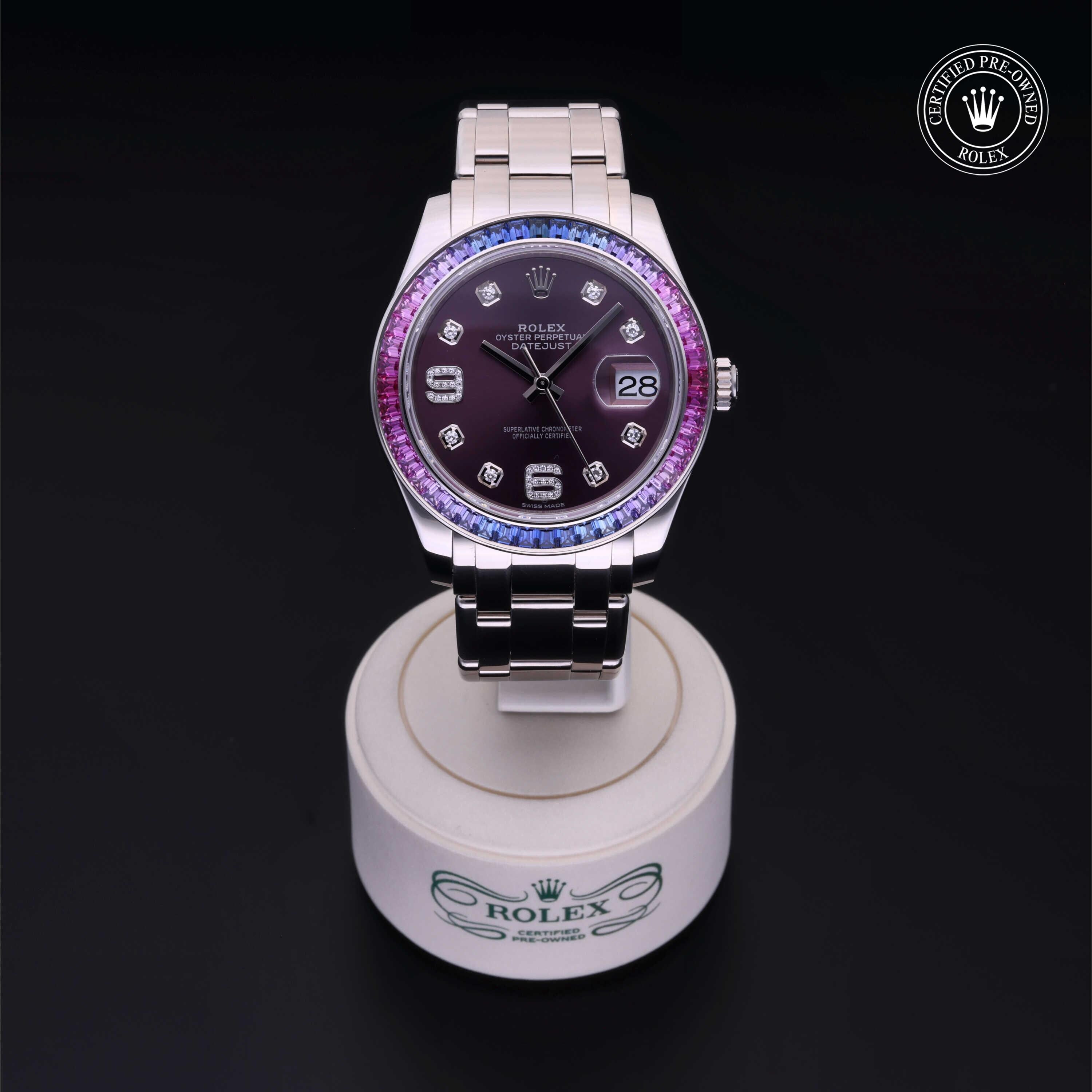 Rolex CPO Pearlmaster M86349SAFUBL front on white background