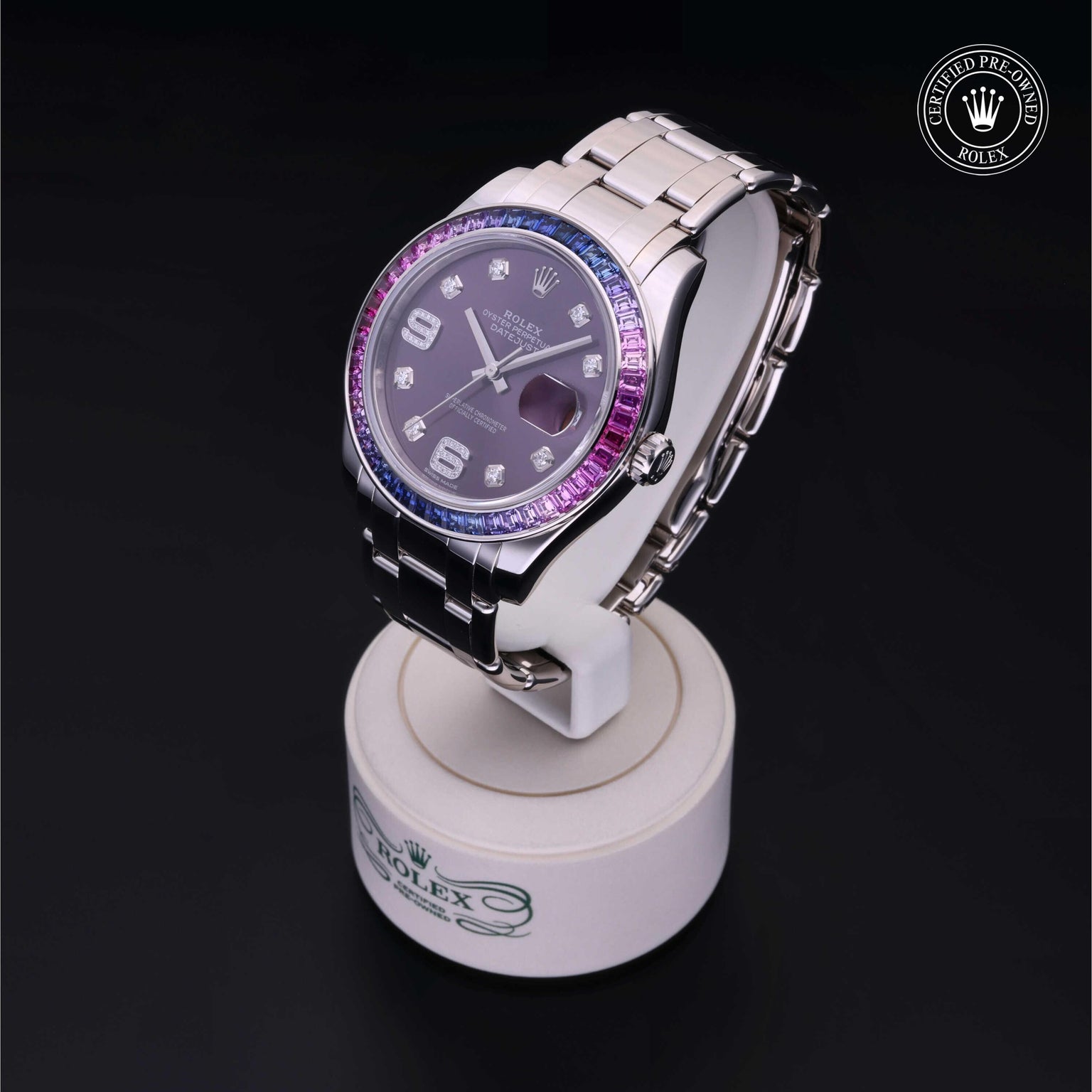 Rolex CPO Pearlmaster M86349SAFUBL front on white background