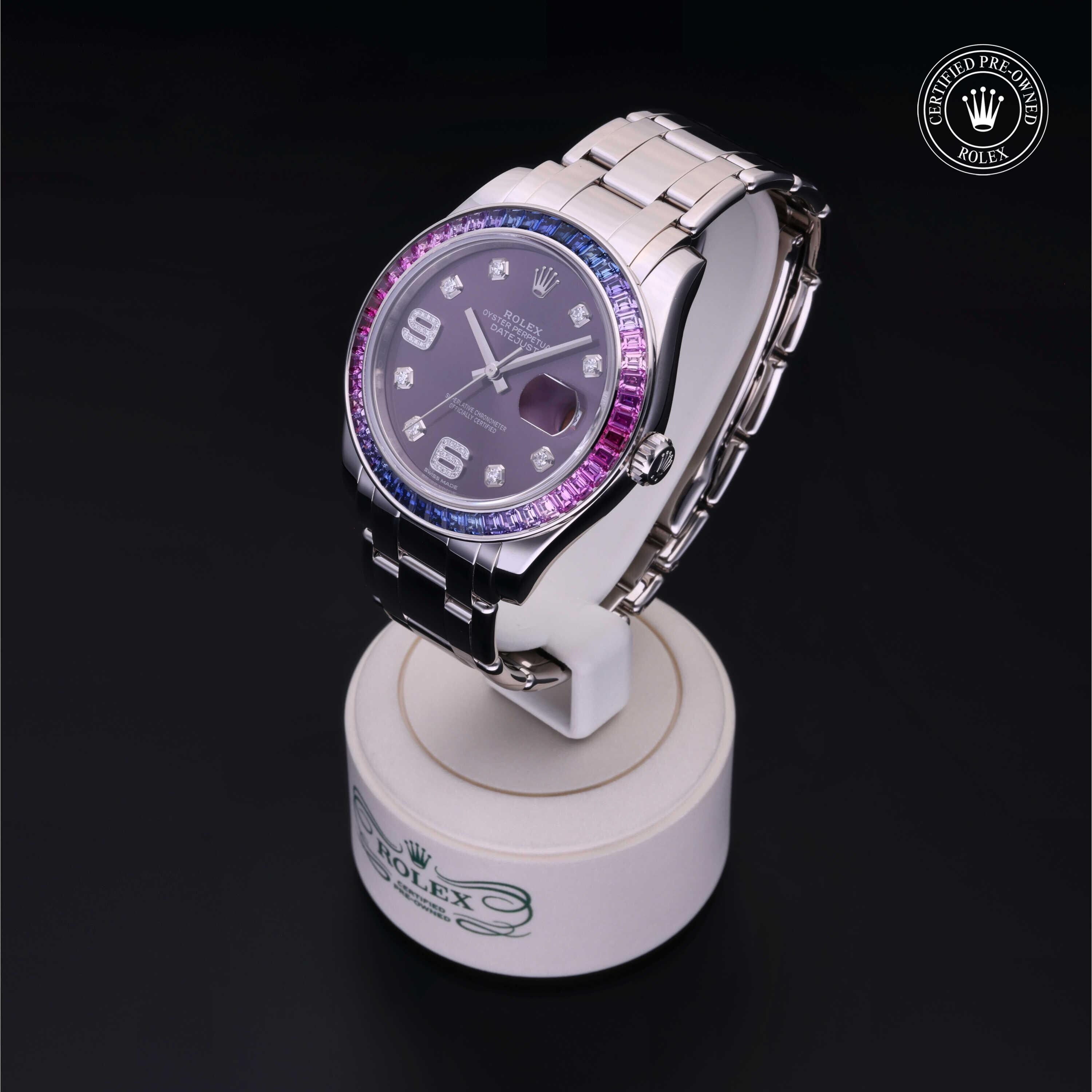 Rolex CPO Pearlmaster M86349SAFUBL front on white background