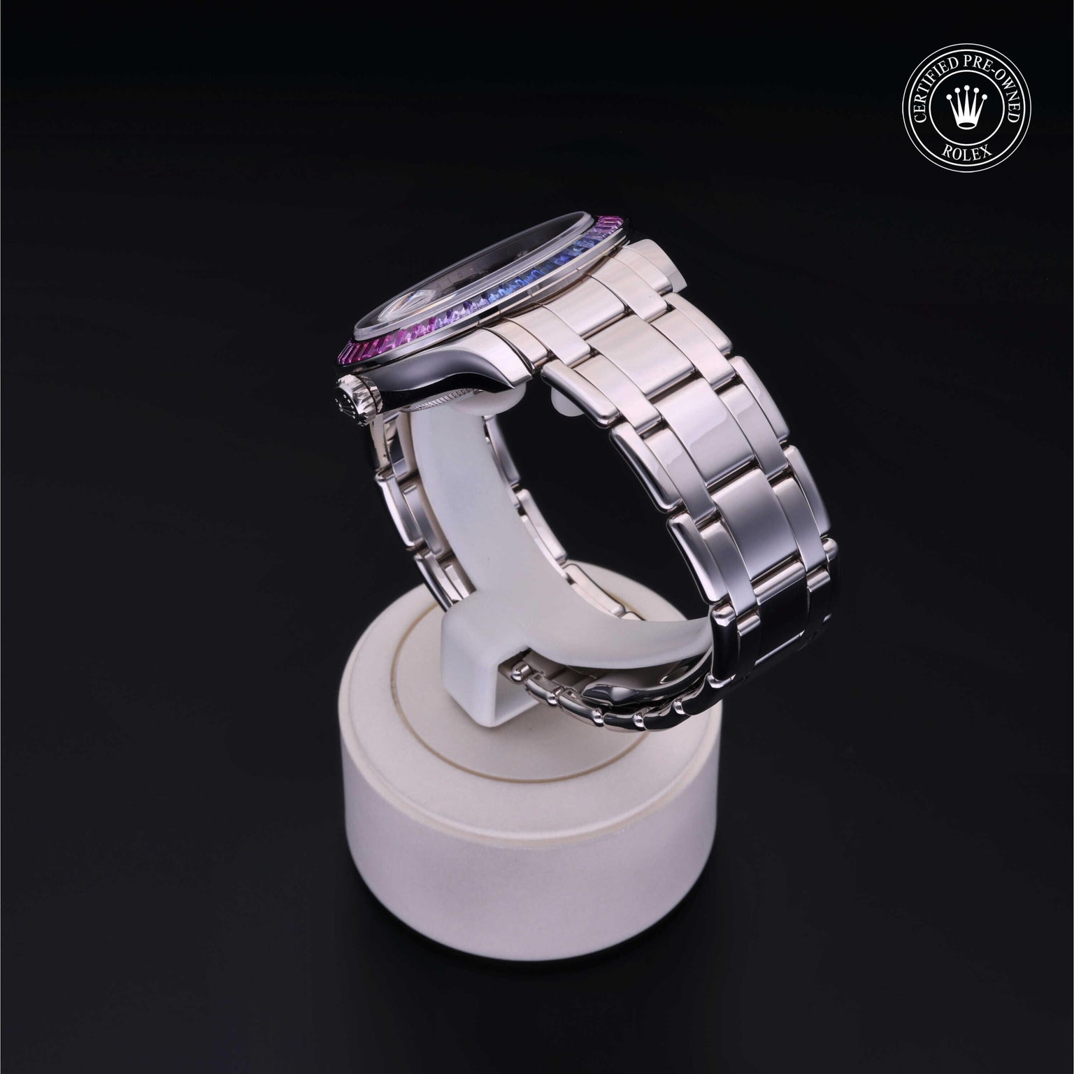 Rolex CPO Pearlmaster M86349SAFUBL front on white background