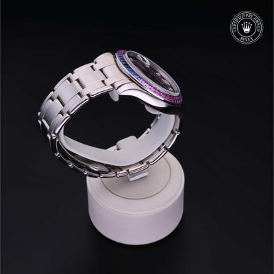 Rolex CPO Pearlmaster M86349SAFUBL front on white background