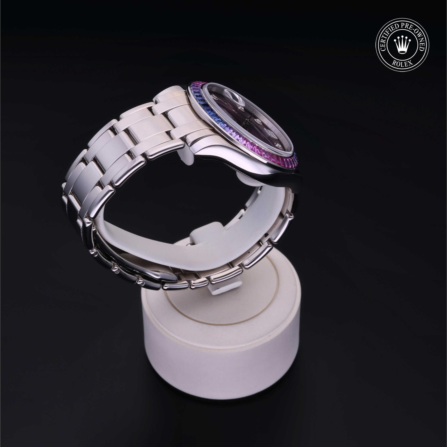 Rolex CPO Pearlmaster M86349SAFUBL front on white background