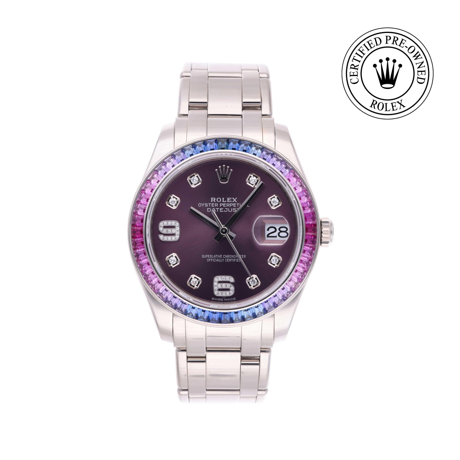 Rolex CPO Pearlmaster M86349SAFUBL front on white background