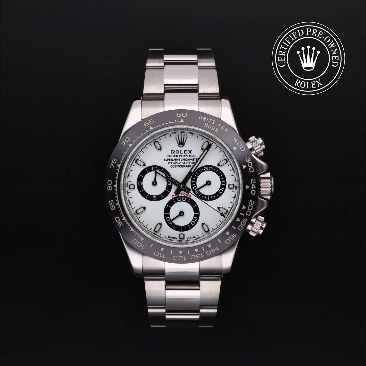 Rolex Certified Pre-owned Daytona M116500LN-0001 front on black background