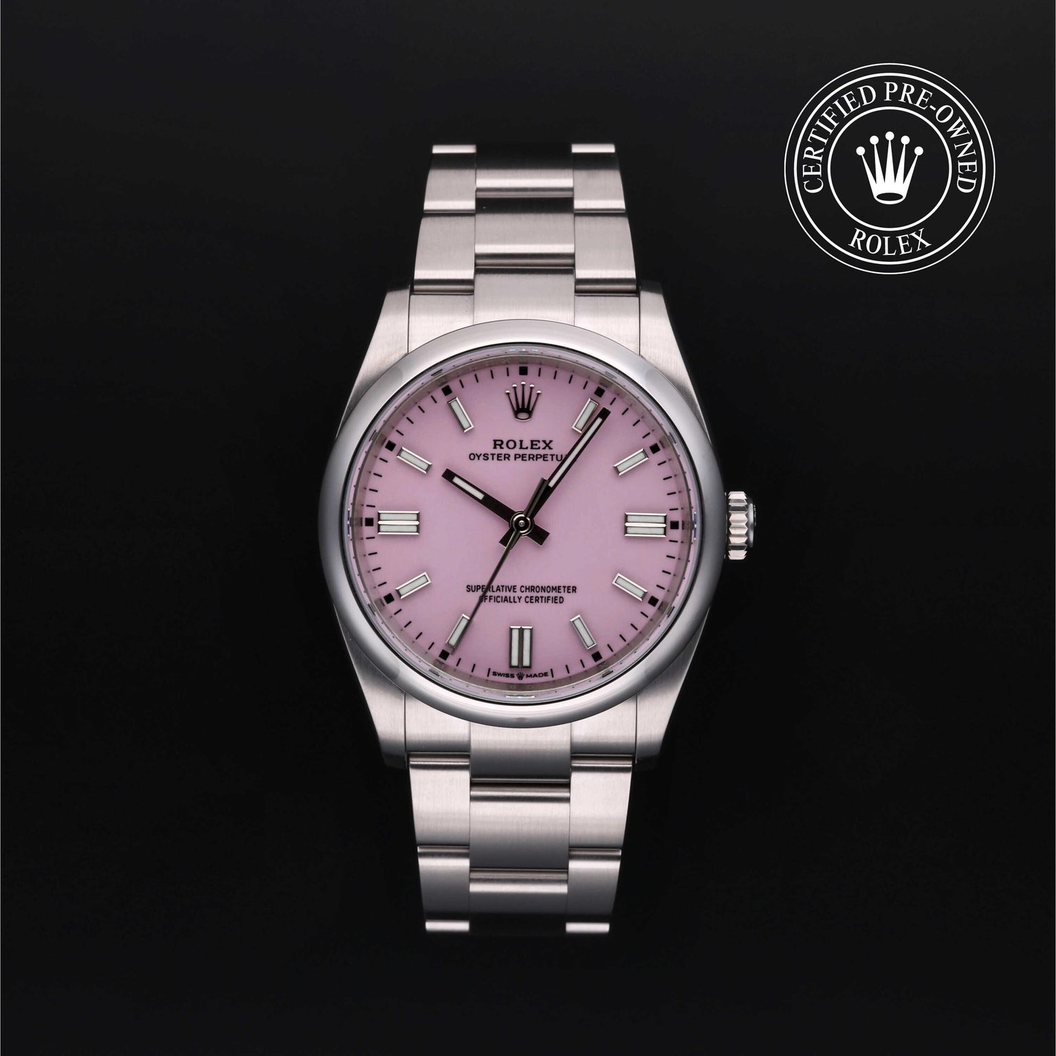 Rolex Certified Pre-owned Oyster Perpetual M126000-0008 front on black background