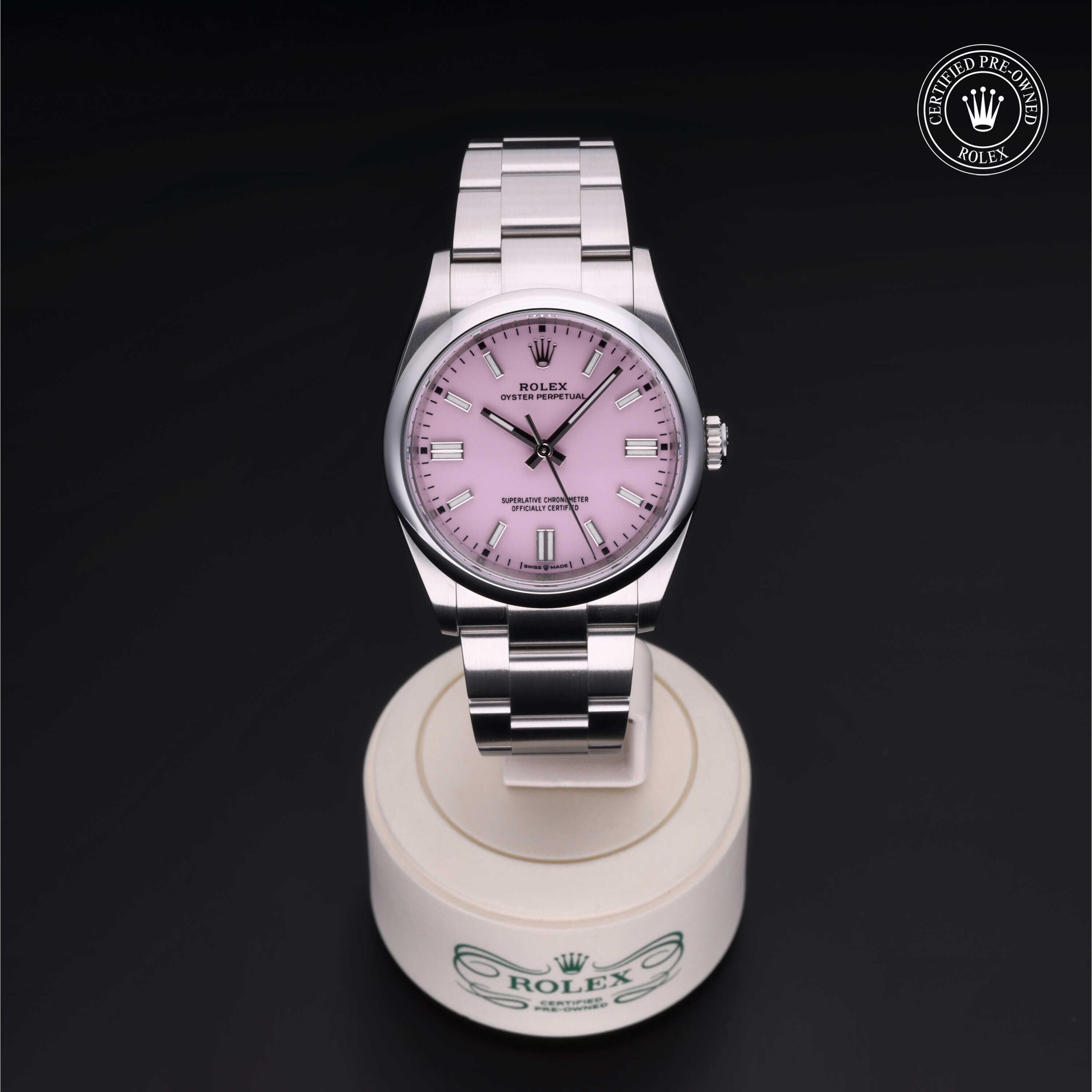 Rolex Certified Pre-owned Oyster Perpetual M126000-0008 front on black background