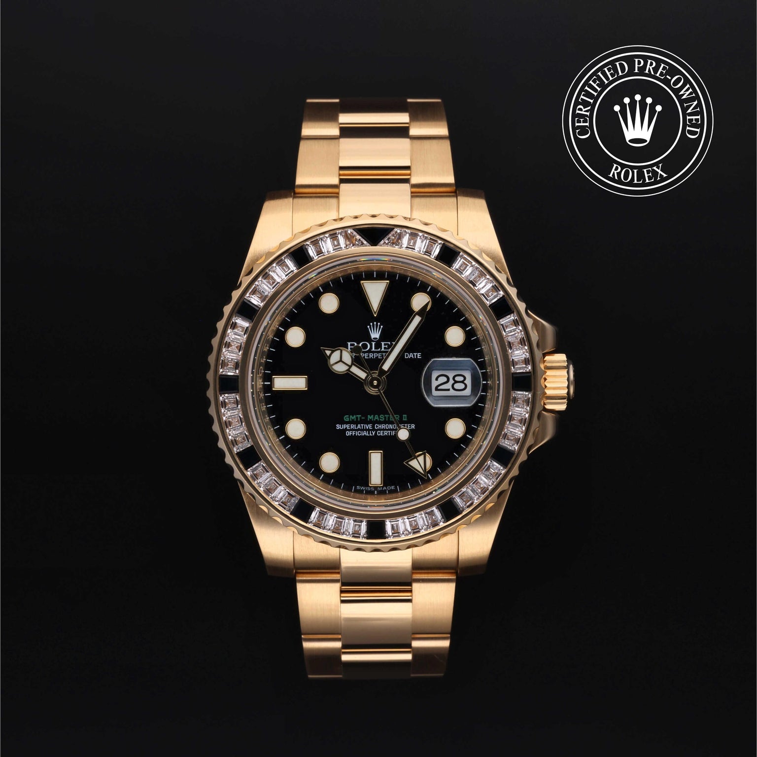 Rolex Certified Pre-owned GMT M116748SANR-0001 front on black background