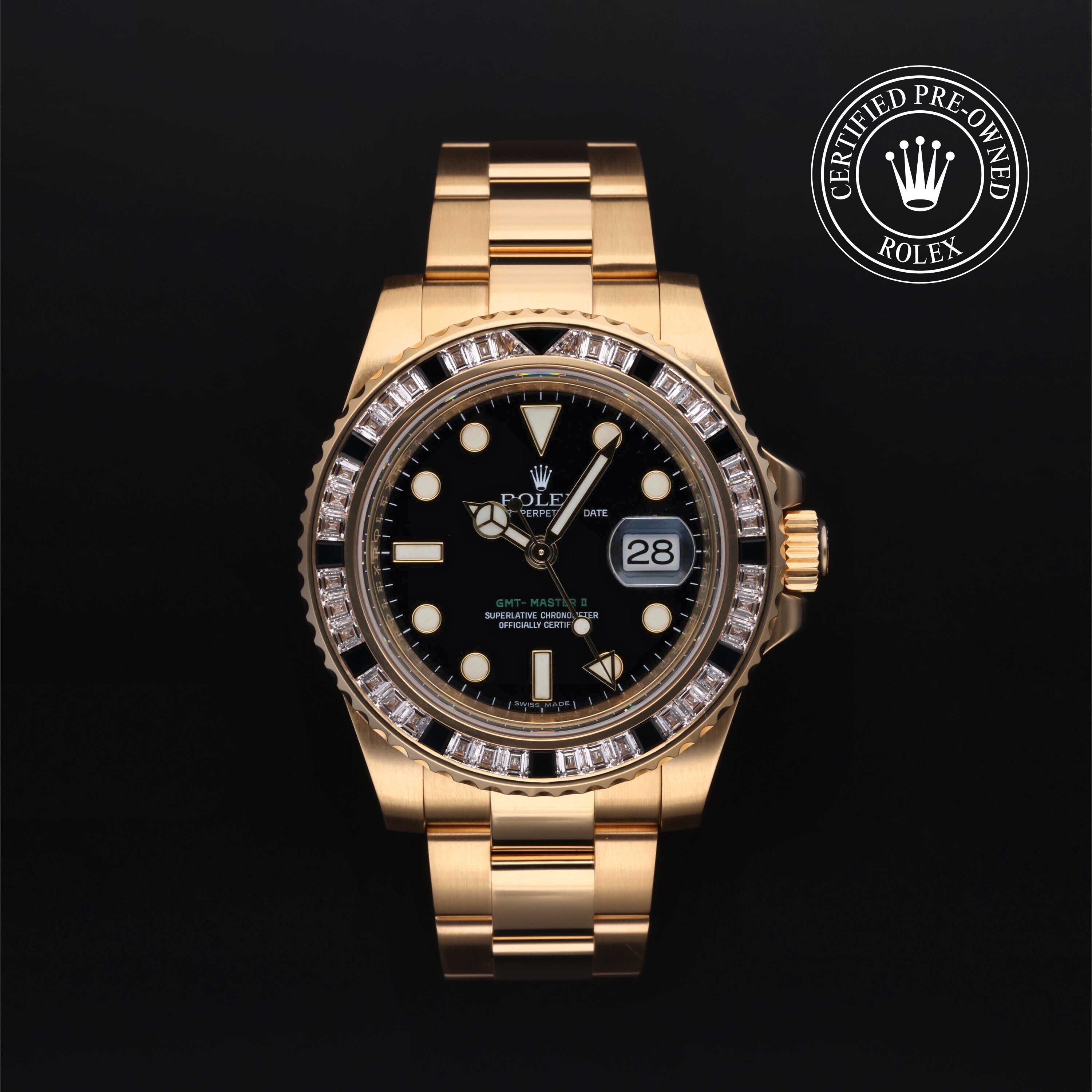 Rolex Certified Pre-owned GMT M116748SANR-0001 front on black background