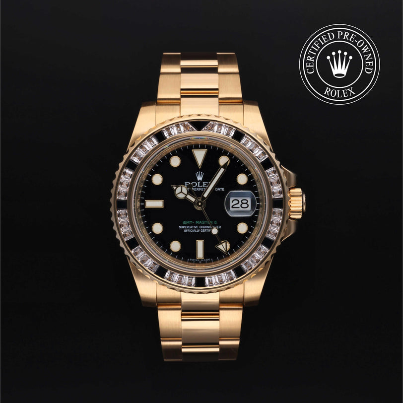 Rolex Certified Pre-owned GMT M116748SANR-0001 front on black background