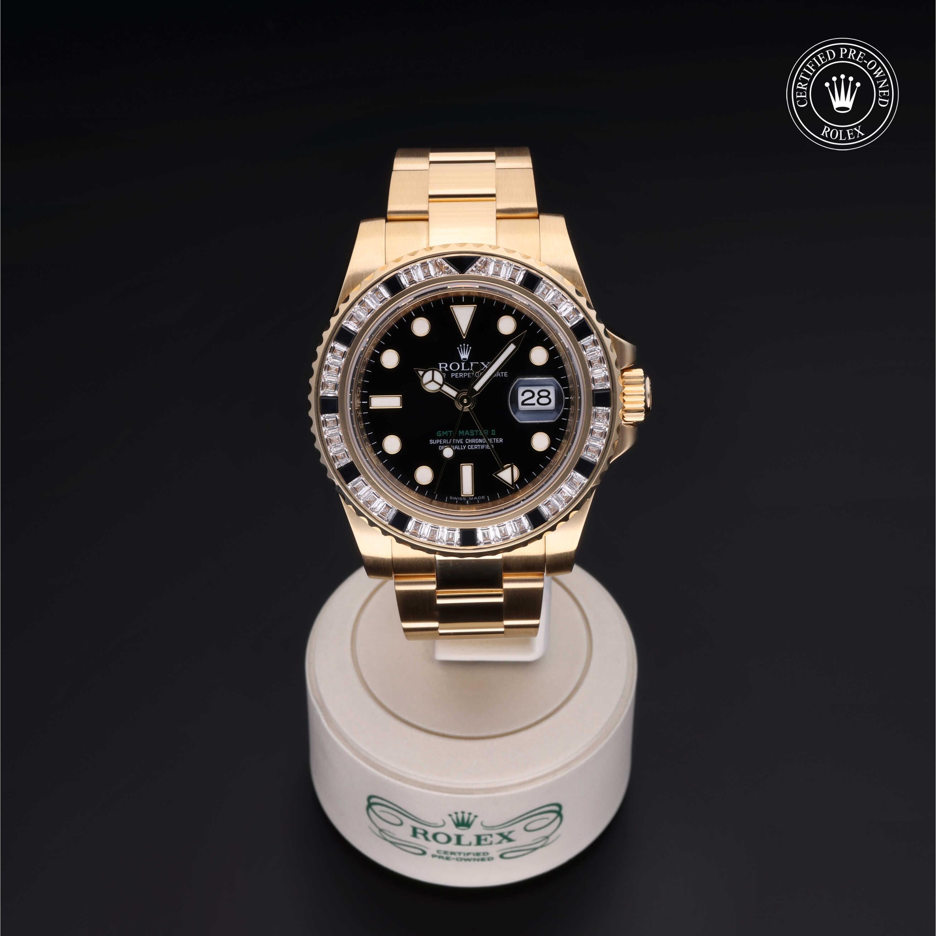 Rolex Certified Pre-owned GMT M116748SANR-0001 front on black background