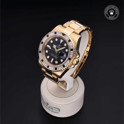 Rolex Certified Pre-owned GMT M116748SANR-0001 front on black background