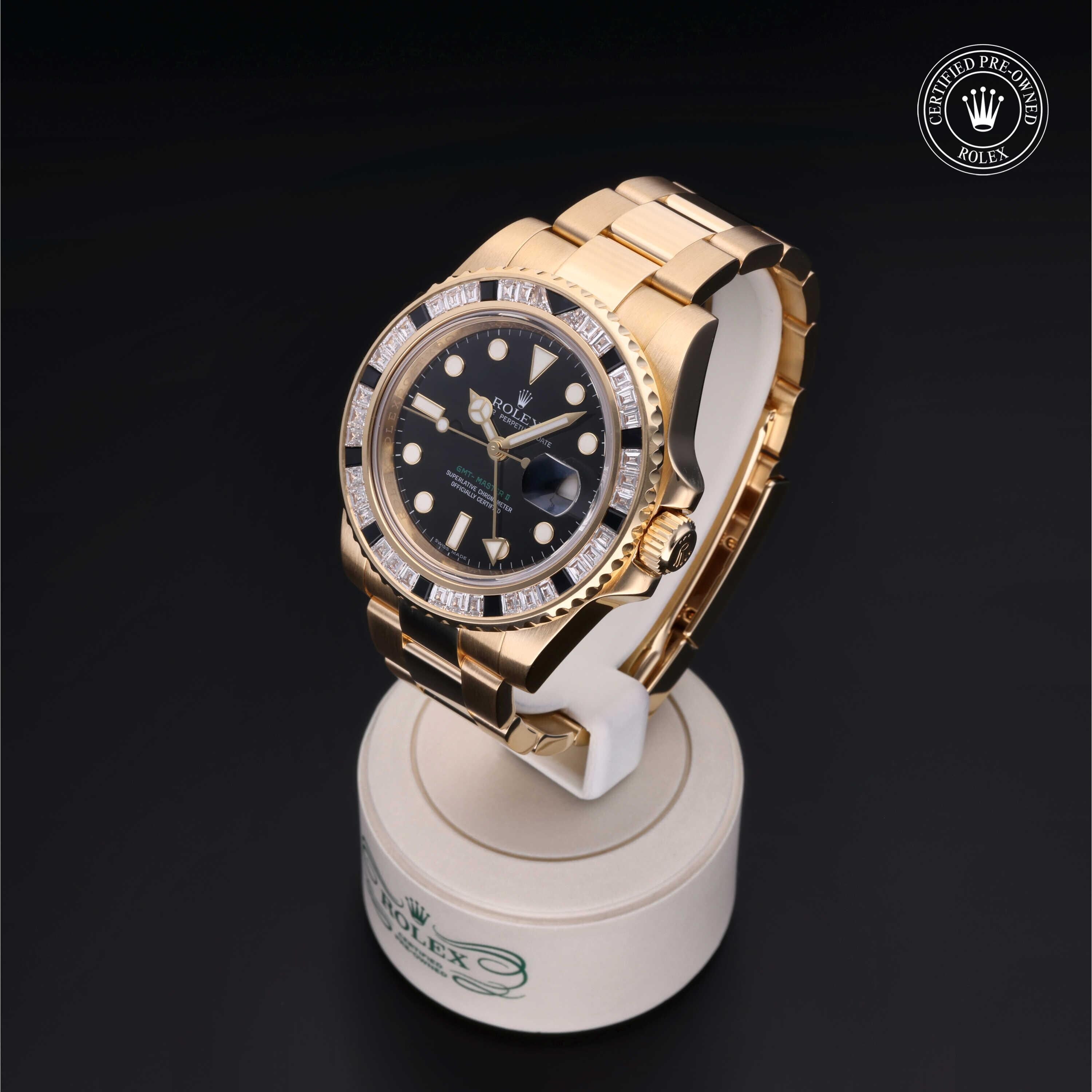 Rolex Certified Pre-owned GMT M116748SANR-0001 front on black background