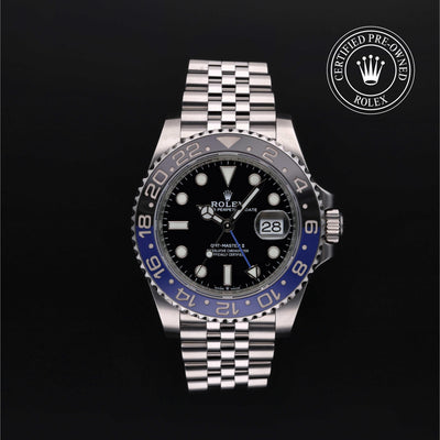 Rolex Certified Pre-owned GMT M126710BLNR-0002 front on black background