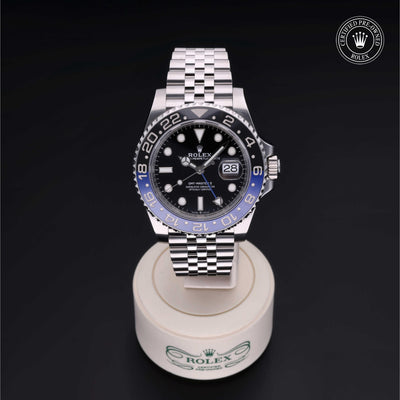 Rolex Certified Pre-owned GMT M126710BLNR-0002 front on black background