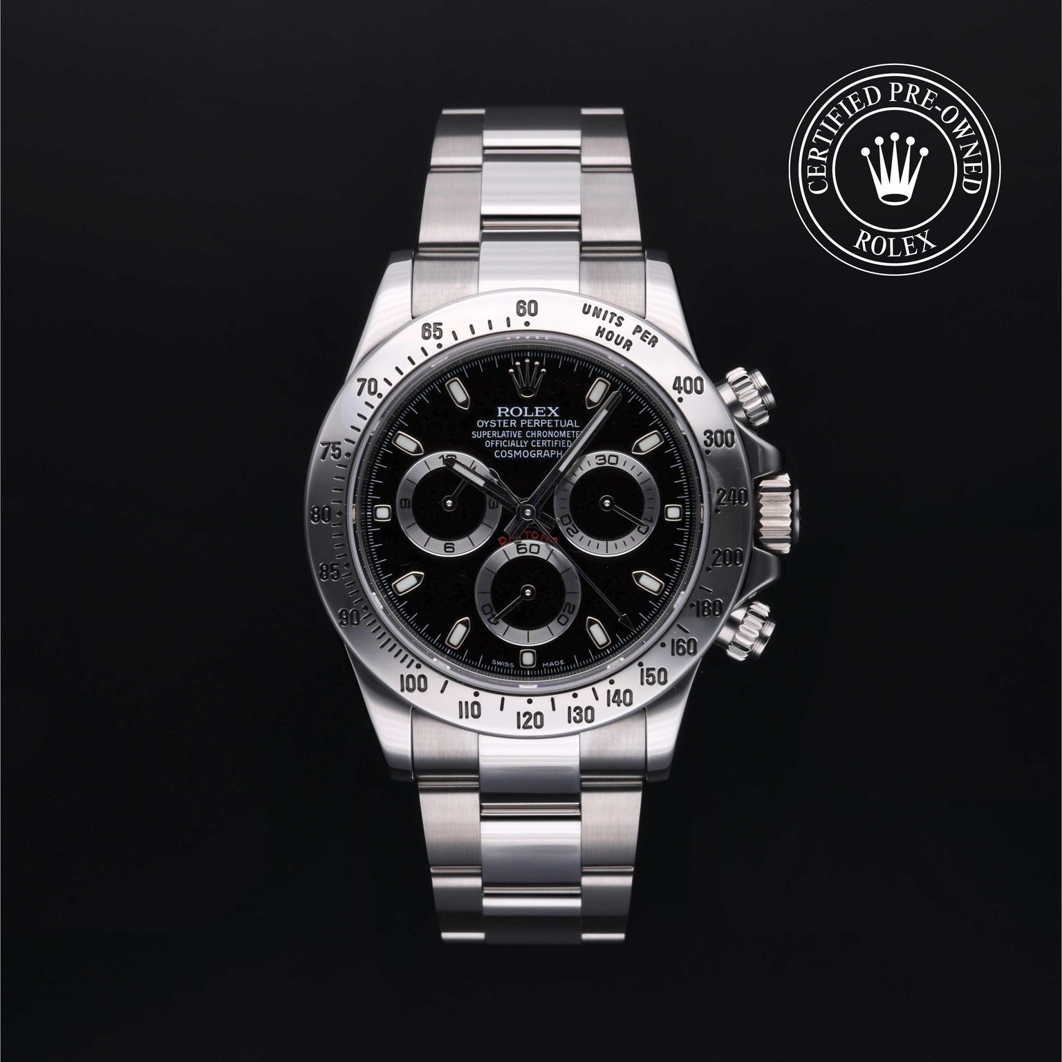 Rolex Certified Pre-owned Daytona M116520-0015 front on black background