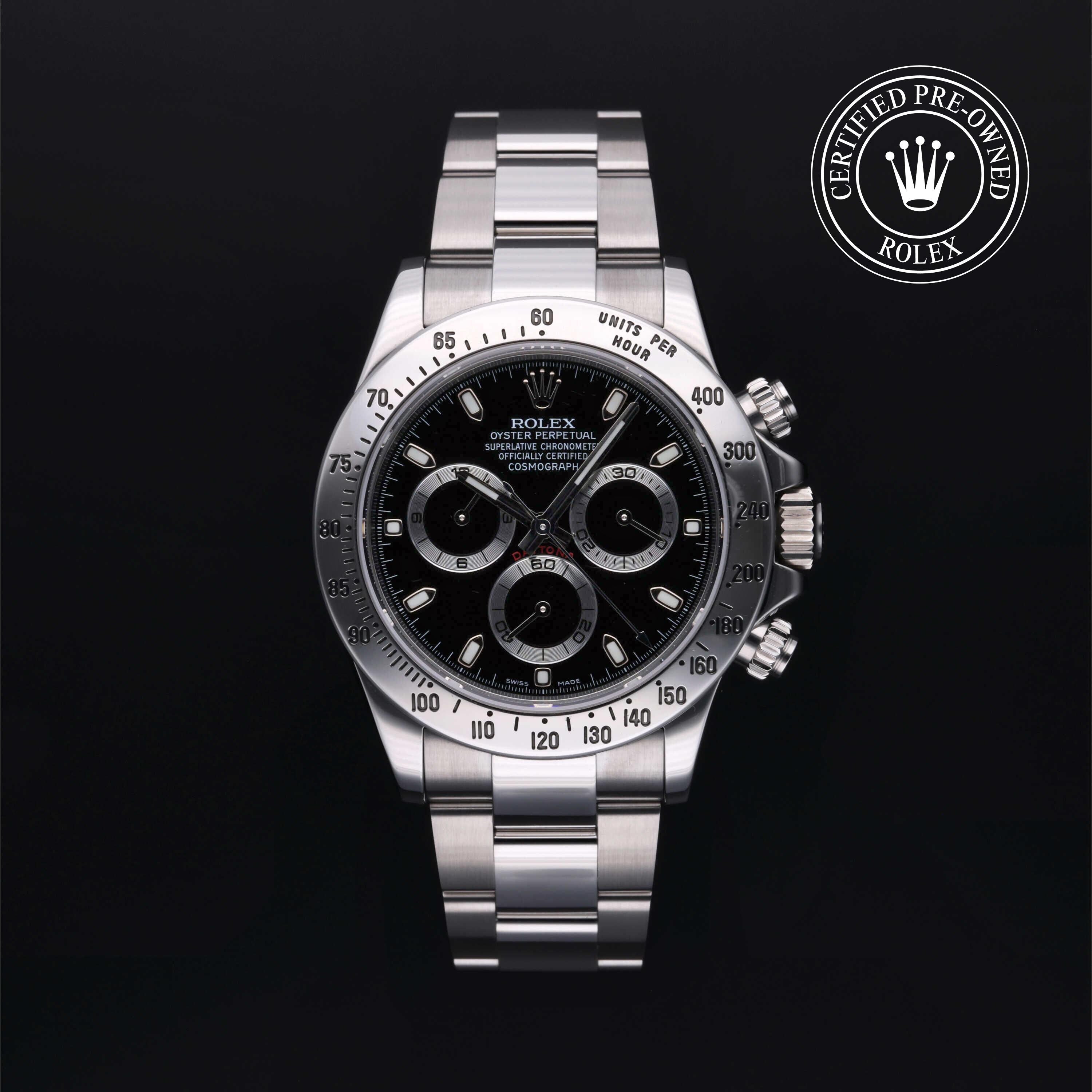 Rolex Certified Pre-owned Daytona M116520-0015 front on black background