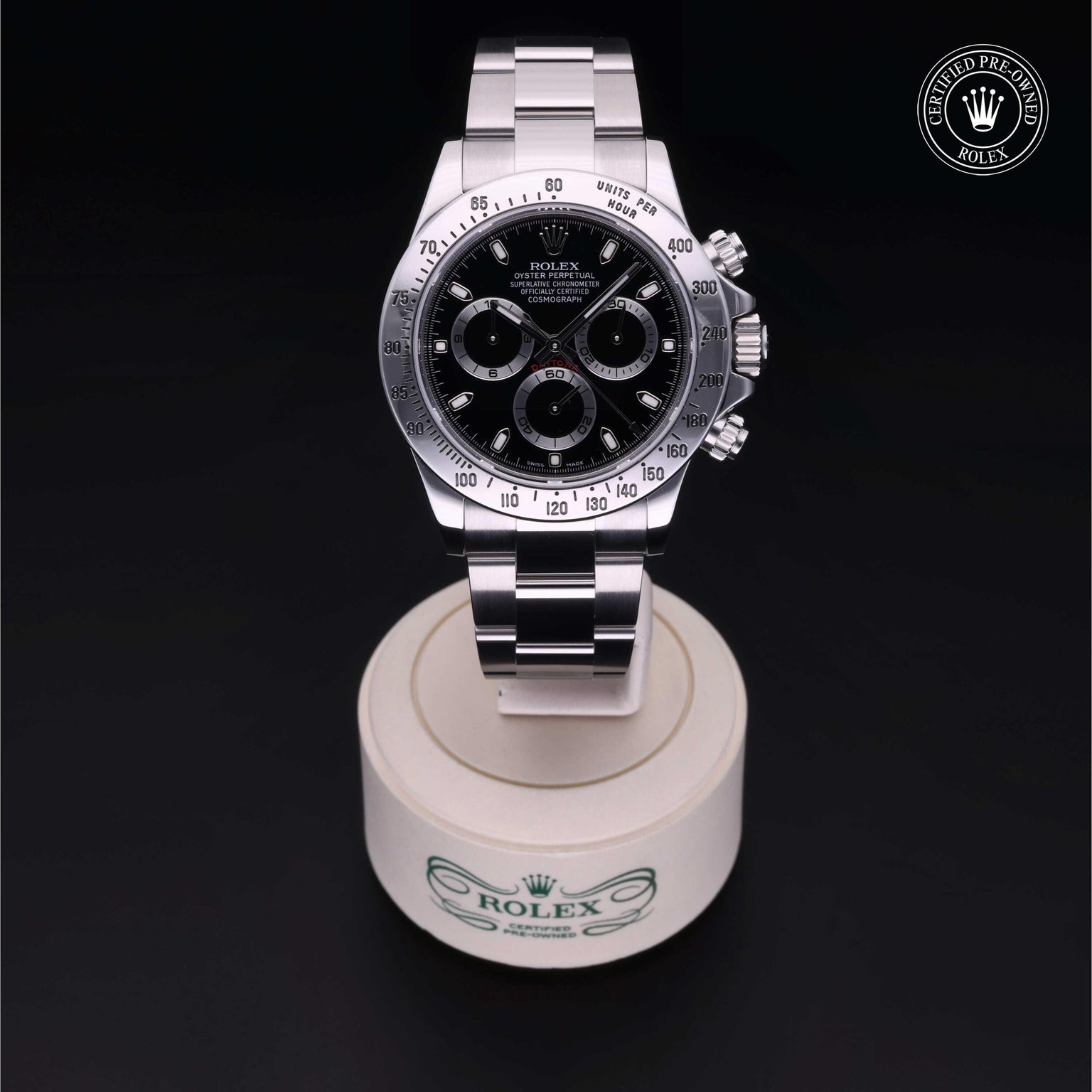 Rolex Certified Pre-owned Daytona M116520-0015 front on black background