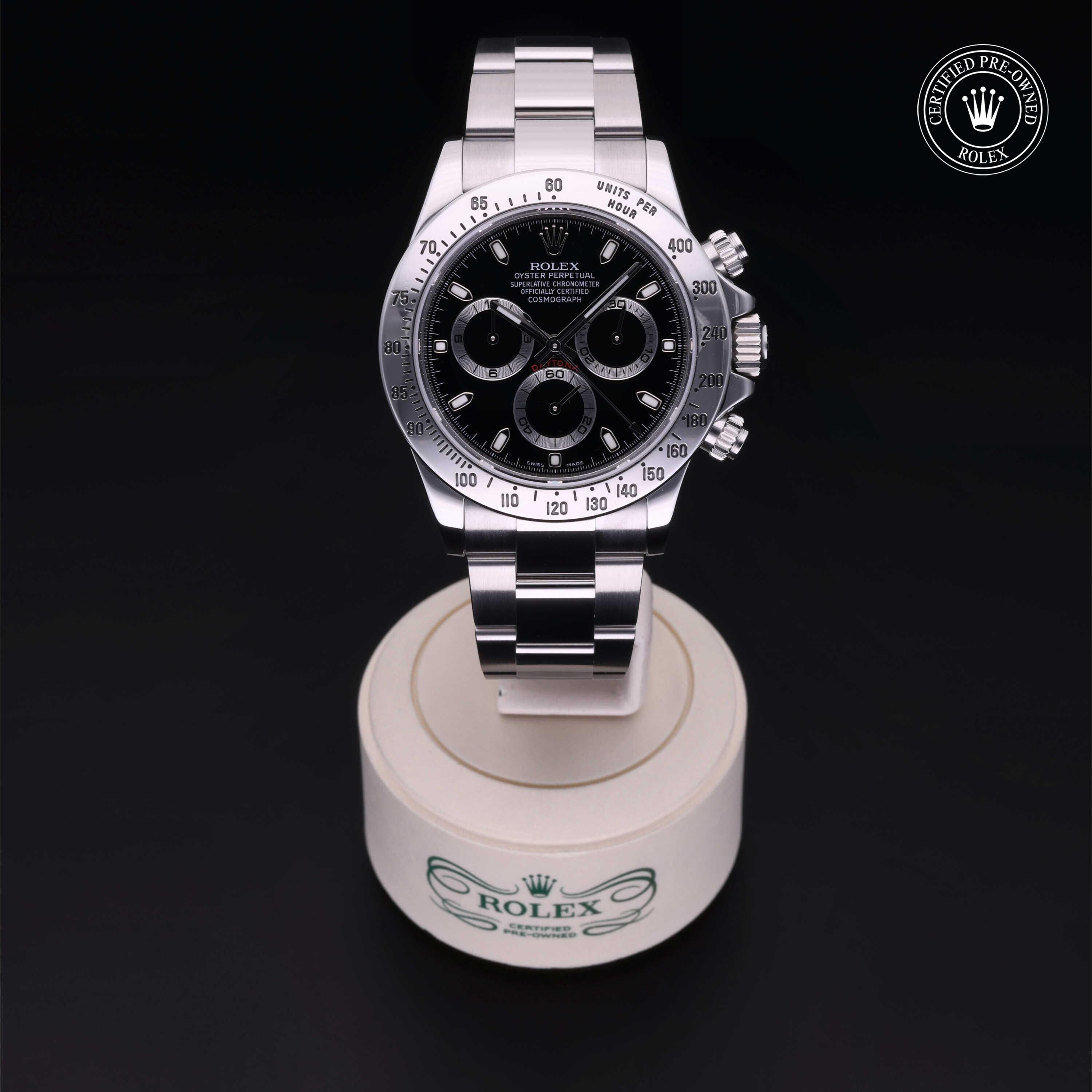 Rolex Certified Pre-owned Daytona M116520-0015 front on black background