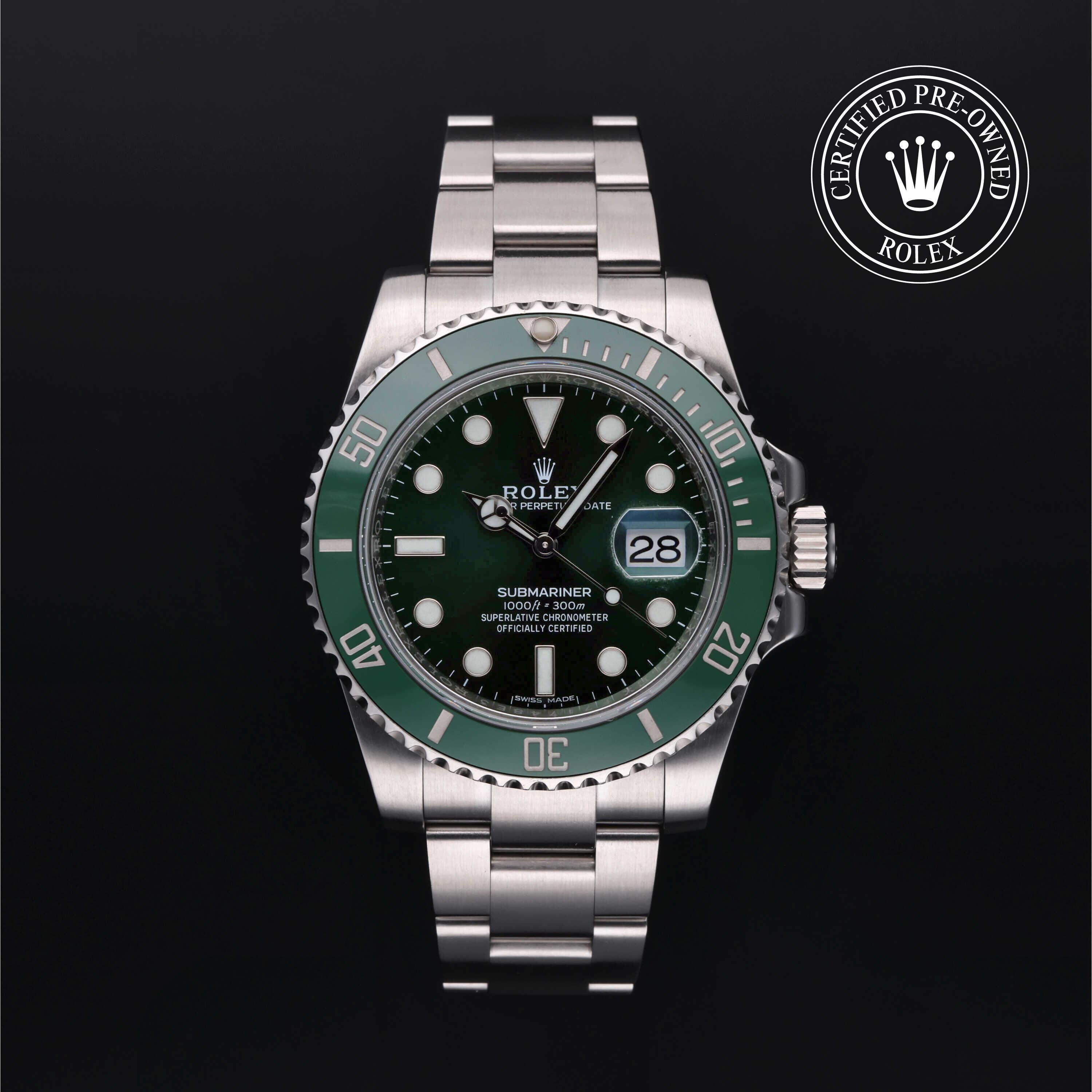 Rolex Certified Pre-owned Submariner M116610LV-0002 front on black background