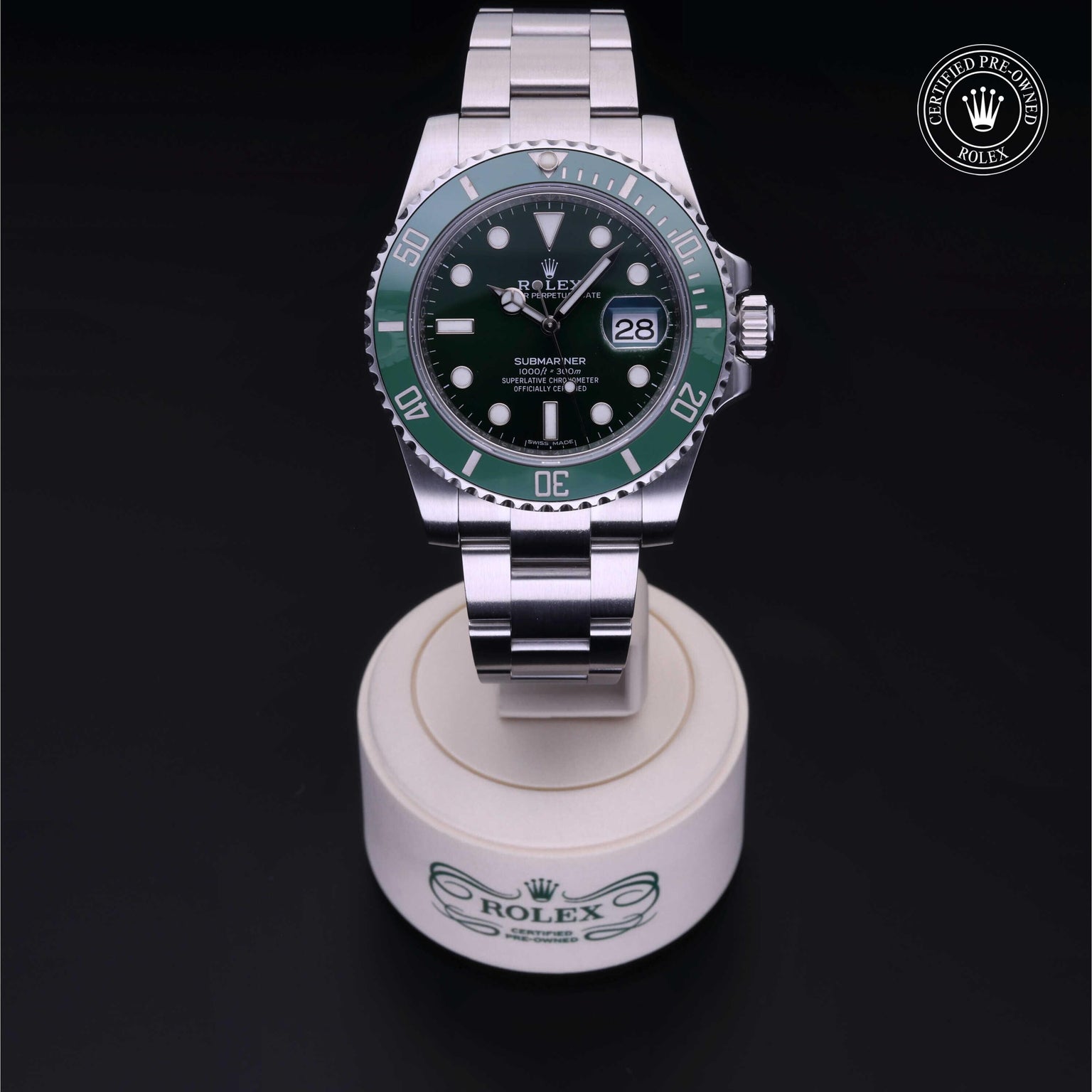 Rolex Certified Pre-owned Submariner M116610LV-0002 front on black background