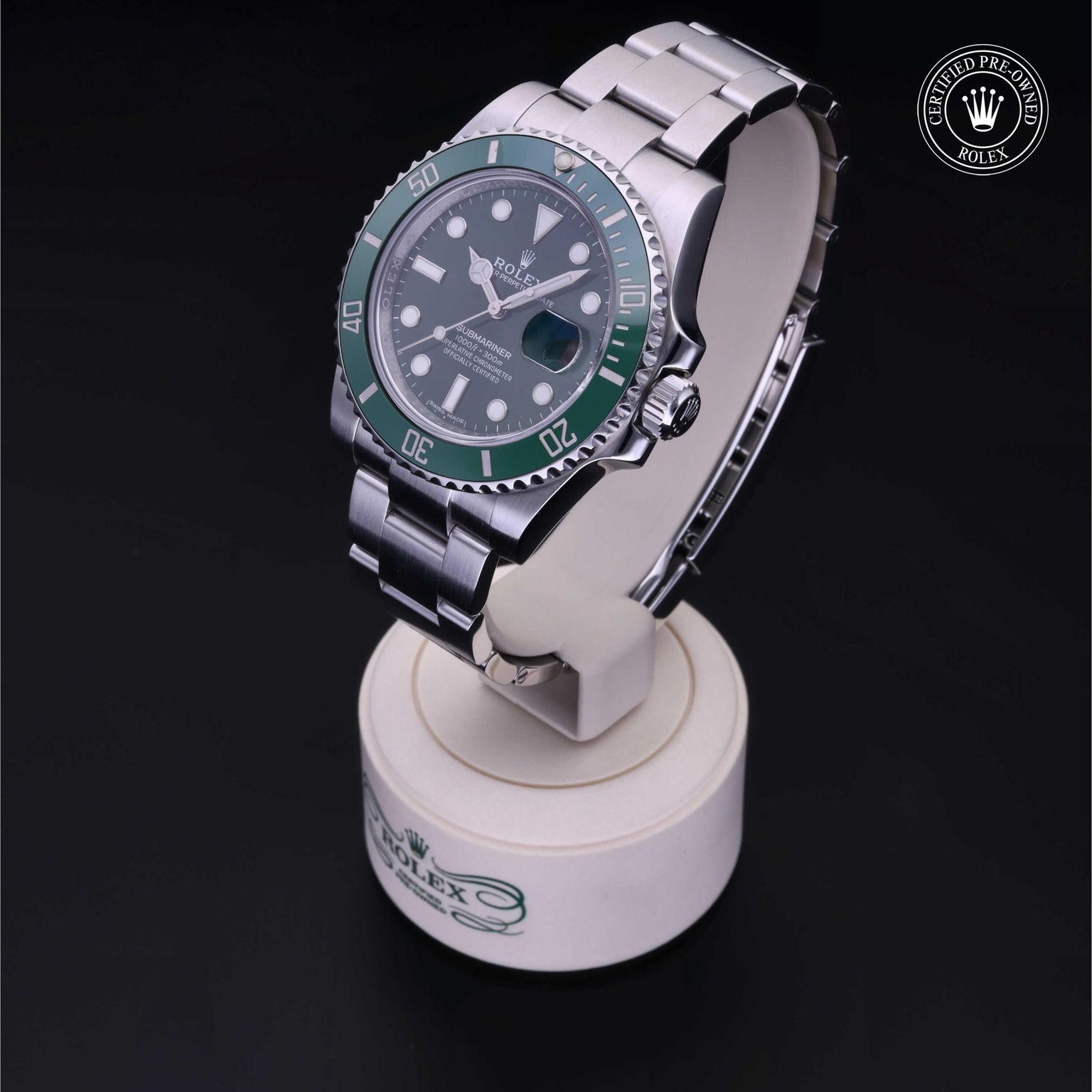 Rolex Certified Pre-owned Submariner M116610LV-0002 front on black background