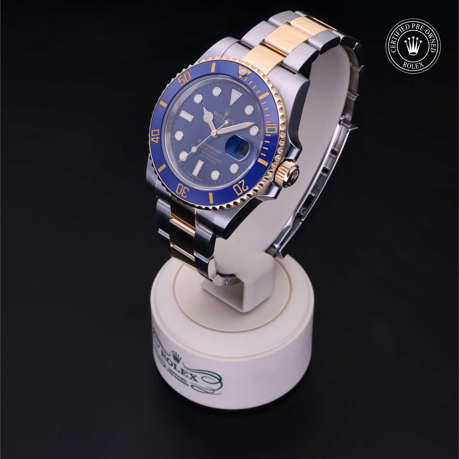 Rolex Certified Pre-owned Submariner M116613LB-0005 front on black background